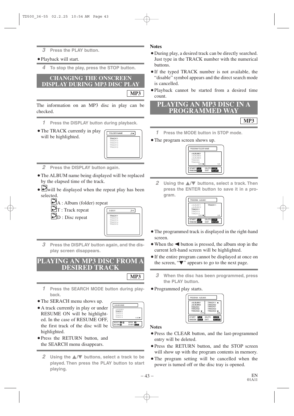 Changing the onscreen display during mp3 disc play, Mp3 1, The program screen shows up | The serach menu shows up, Appears to go to the next page, Playback will start, The track currently in play will be highlighted | Sylvania 6727DC User Manual | Page 43 / 64