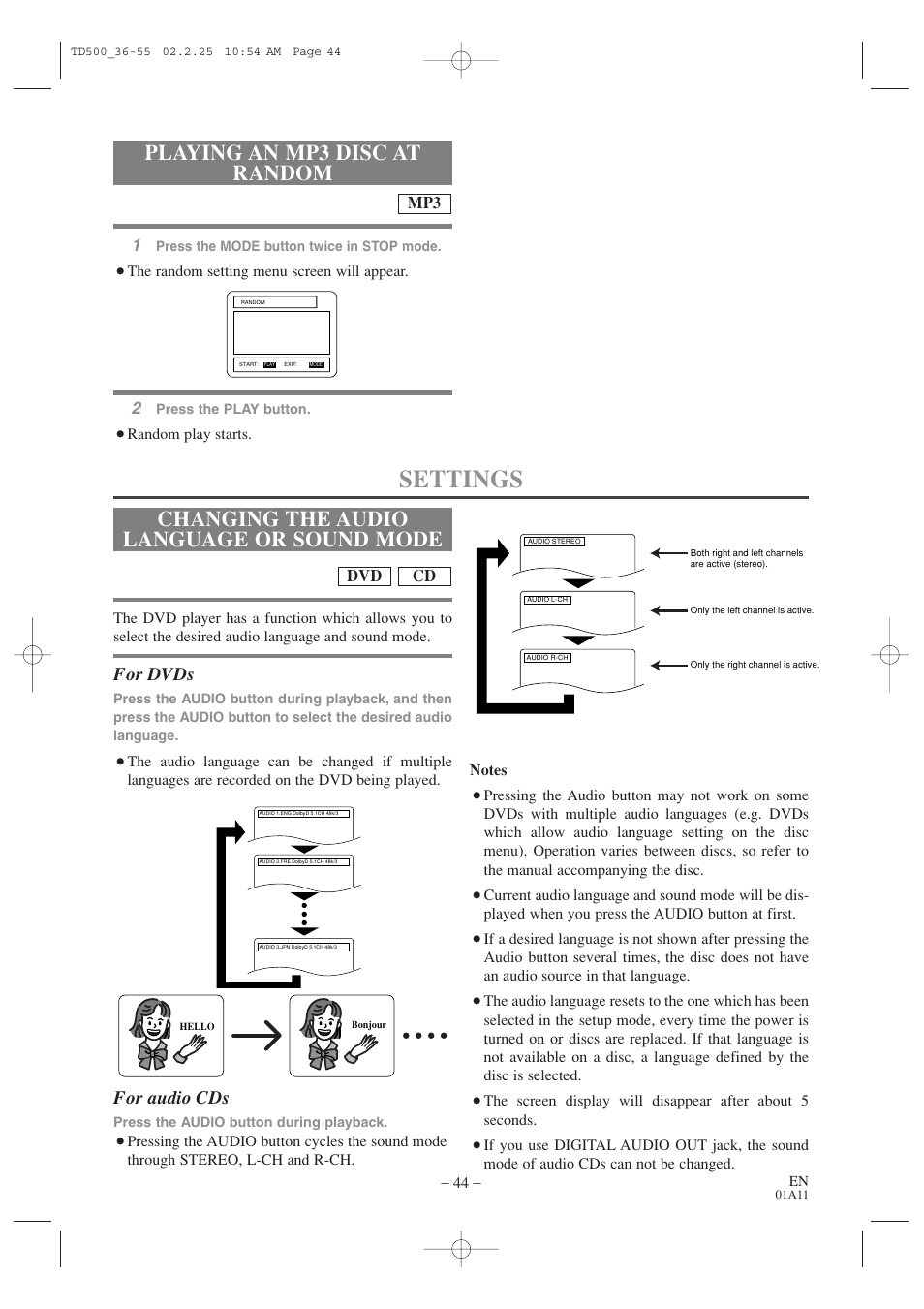 Settings, Changing the audio language or sound mode, Playing an mp3 disc at random | For dvds, For audio cds | Sylvania 6727DC User Manual | Page 44 / 64