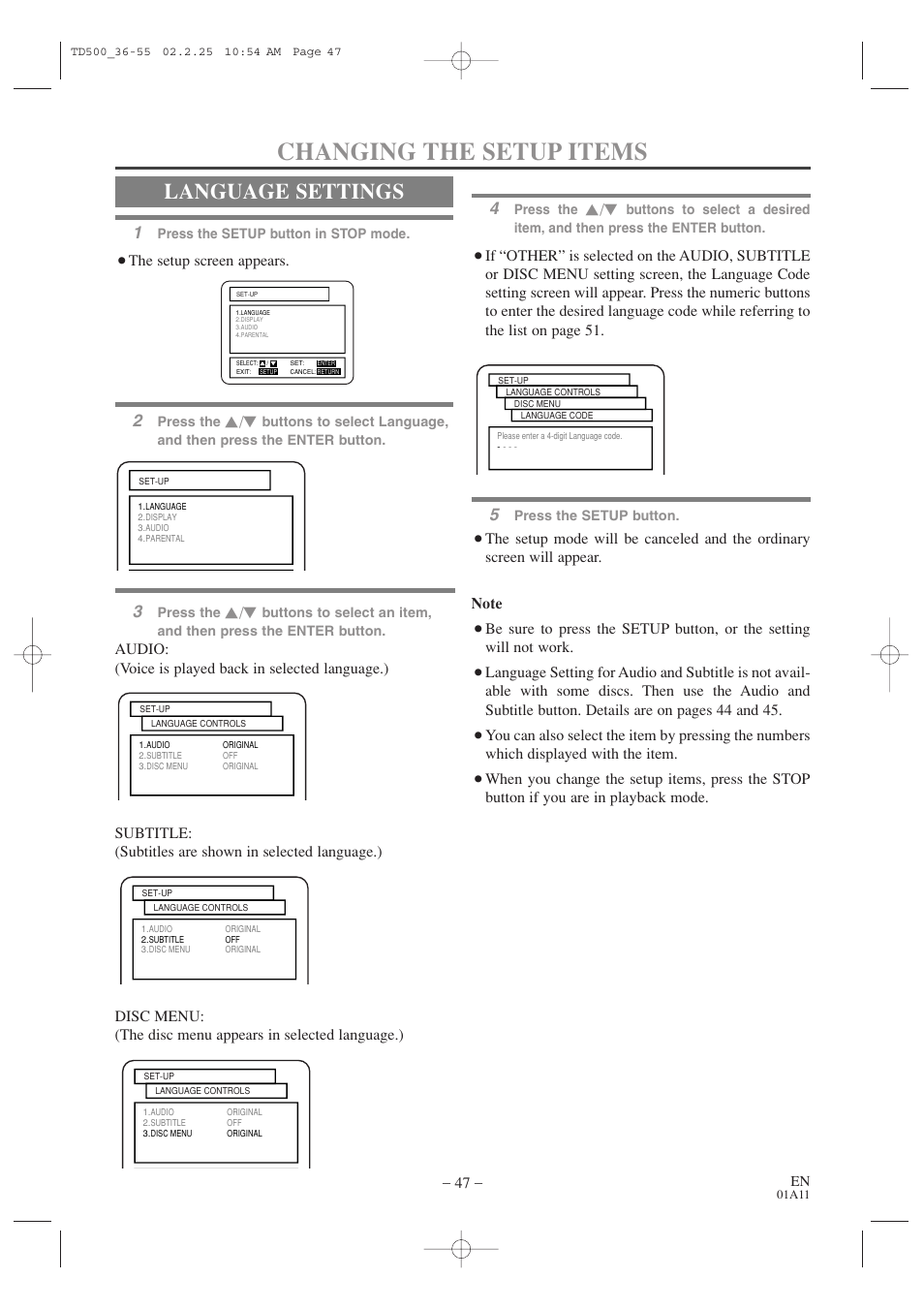 Changing the setup items, Language settings, The setup screen appears | Sylvania 6727DC User Manual | Page 47 / 64