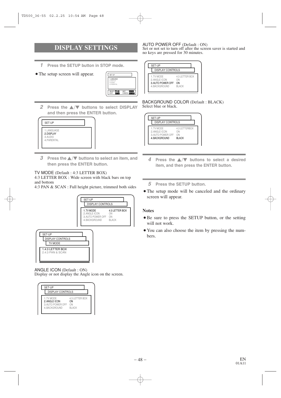 Display settings, The setup screen will appear | Sylvania 6727DC User Manual | Page 48 / 64