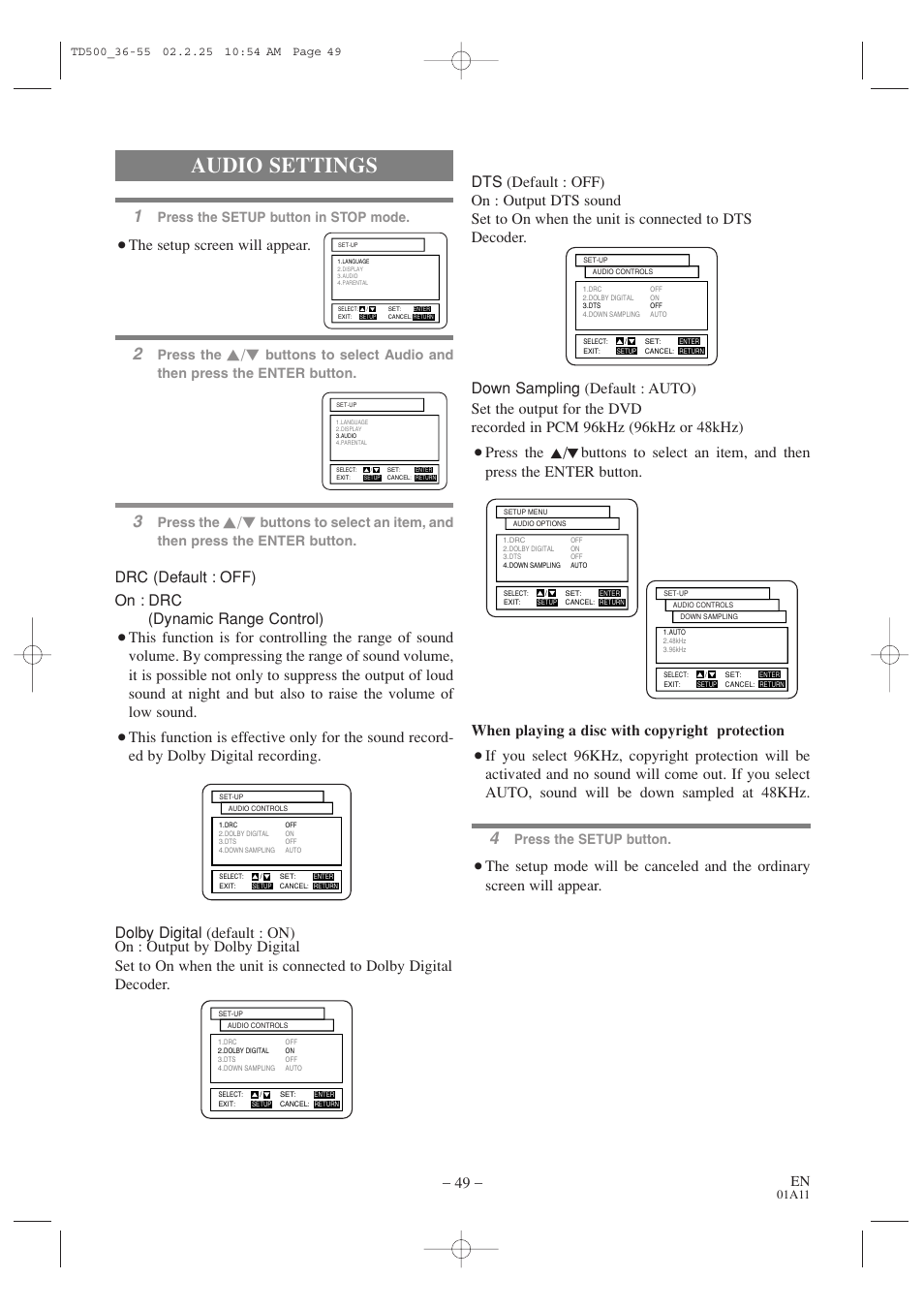 Audio settings, The setup screen will appear, Press the setup button in stop mode | Press the, Press the setup button | Sylvania 6727DC User Manual | Page 49 / 64