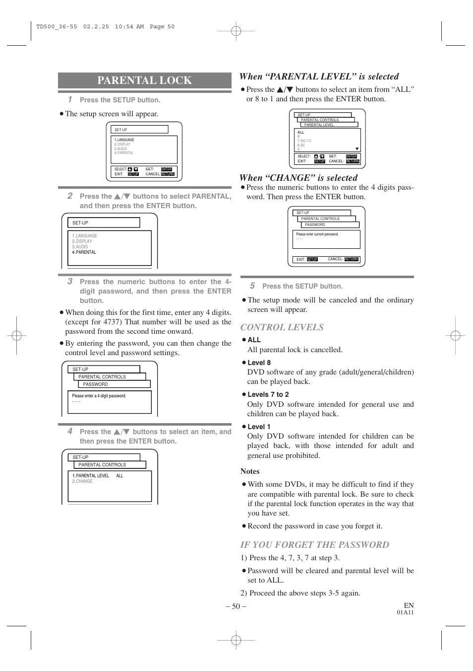 Parental lock, Control levels, If you forget the password | When “parental level” is selected, When “change” is selected, The setup screen will appear, All parental lock is cancelled, Record the password in case you forget it, Press the | Sylvania 6727DC User Manual | Page 50 / 64