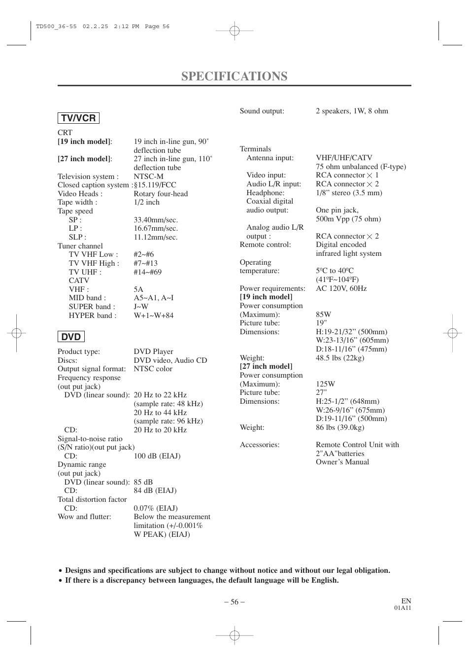 Specifications | Sylvania 6727DC User Manual | Page 56 / 64