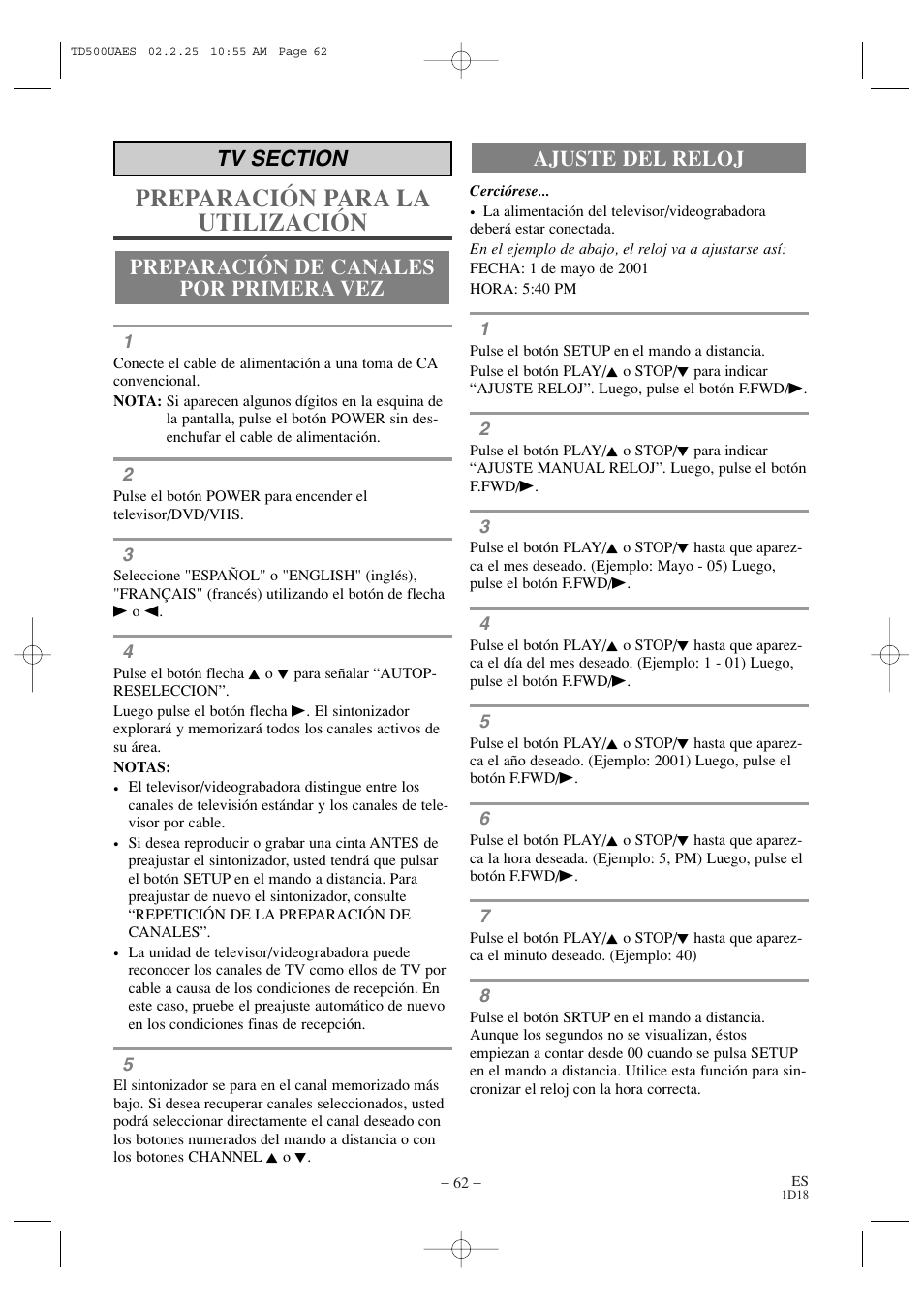 Preparación para la utilización, Ajuste del reloj | Sylvania 6727DC User Manual | Page 62 / 64