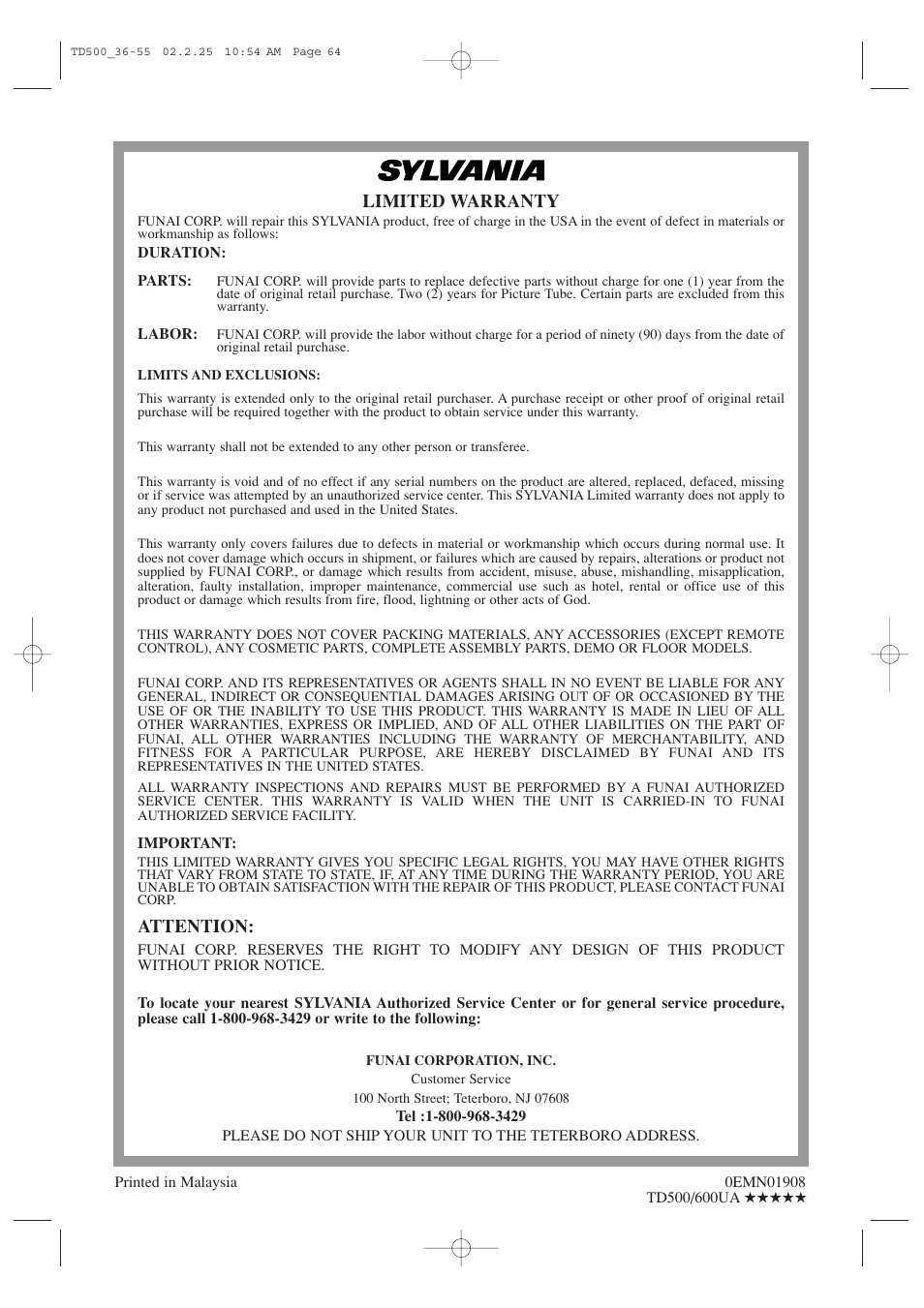 Limited warranty, Attention | Sylvania 6727DC User Manual | Page 64 / 64