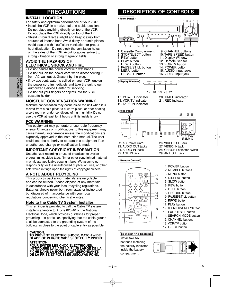 Precautions, Description of controls, Install location | Avoid the hazards of electrical shock and fire, Moisture condensation warning, Fcc warning, Important copyright information, 2 – en | Sylvania KVS600A User Manual | Page 2 / 8