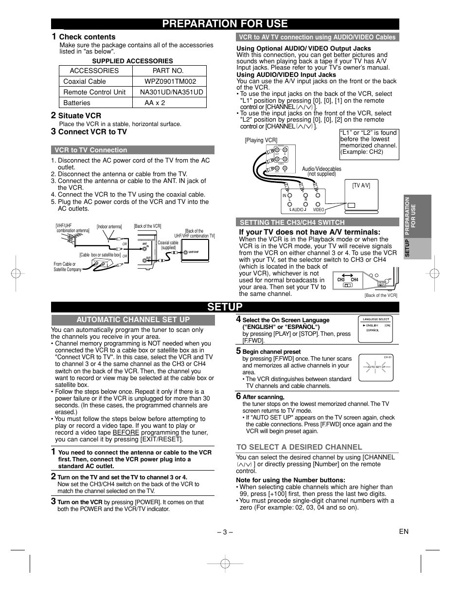 Preparation for use, Setup, Check contents | Situate vcr, Connect vcr to tv, If your tv does not have a/v terminals, Automatic channel set up | Sylvania KVS600A User Manual | Page 3 / 8