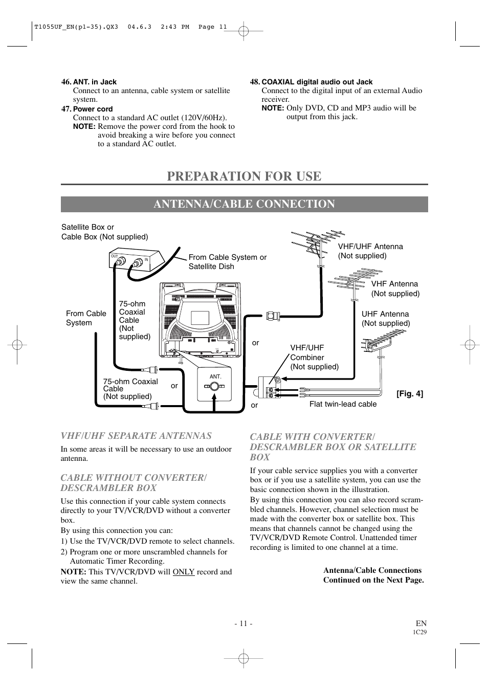 Preparation for use, Antenna/cable connection, Cable without converter/ descrambler box | Vhf/uhf separate antennas | Sylvania SRCD420P User Manual | Page 11 / 56