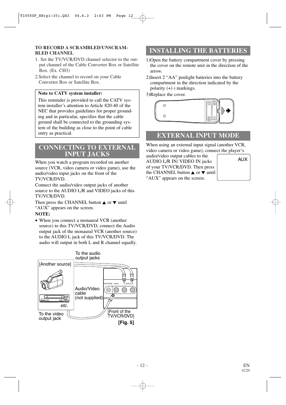 Installing the batteries, External input mode, Connecting to external input jacks | Sylvania SRCD420P User Manual | Page 12 / 56