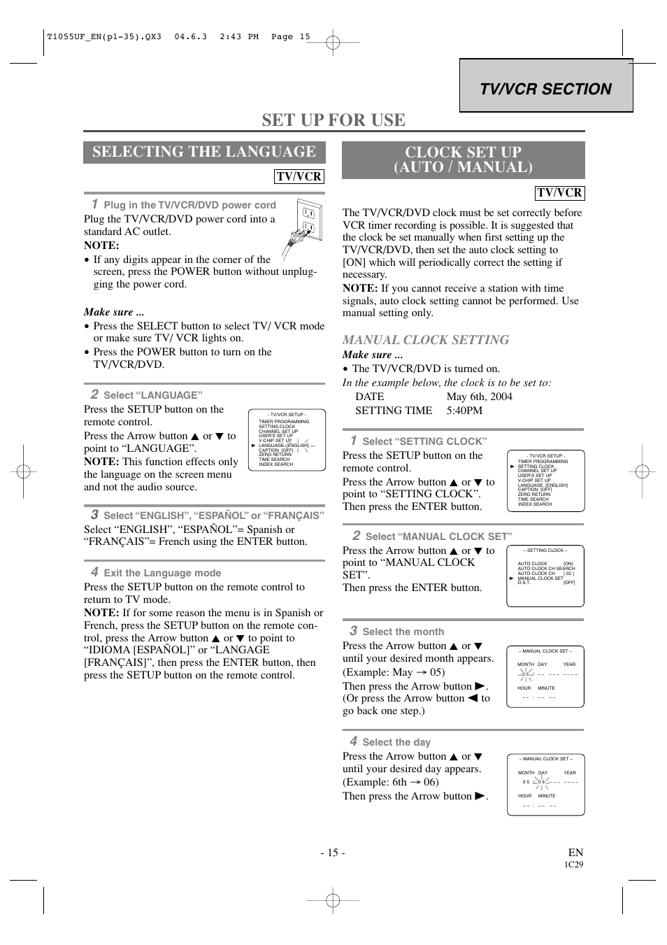 Set up for use, Clock set up (auto / manual), Manual clock setting | Tv/vcr | Sylvania SRCD420P User Manual | Page 15 / 56