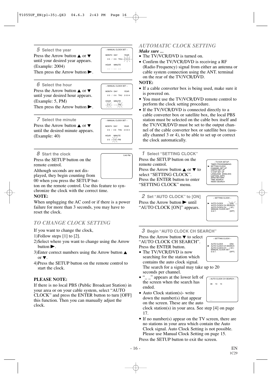 Automatic clock setting, 16 - en, Make sure | The tv/vcr/dvd is turned on | Sylvania SRCD420P User Manual | Page 16 / 56