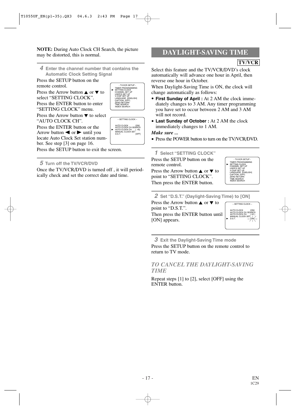 Daylight-saving time, Tv/vcr, 17 - en | Press the power button to turn on the tv/vcr/dvd | Sylvania SRCD420P User Manual | Page 17 / 56