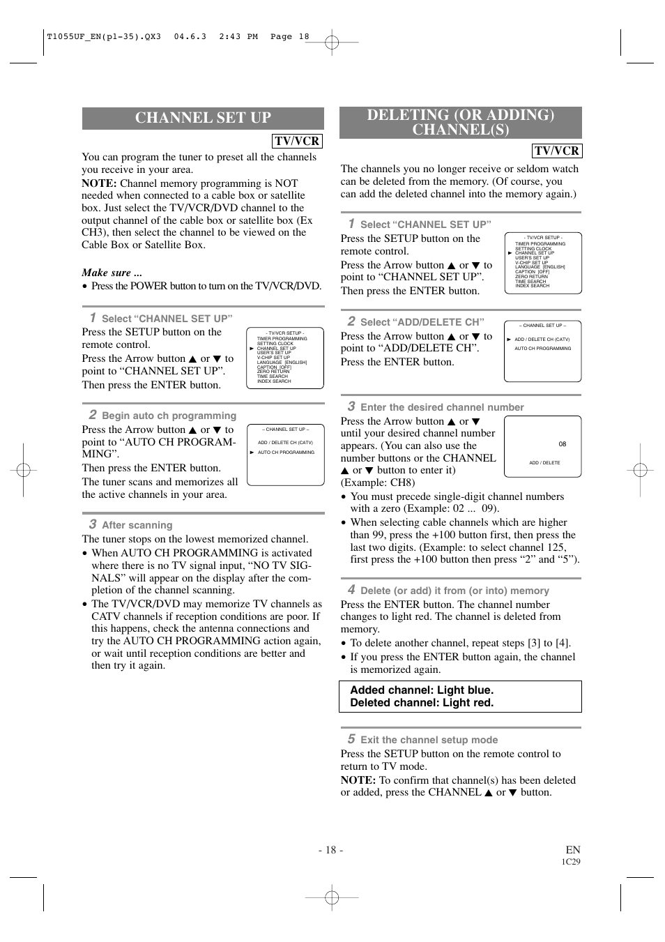 Channel set up, Deleting (or adding) channel(s) | Sylvania SRCD420P User Manual | Page 18 / 56