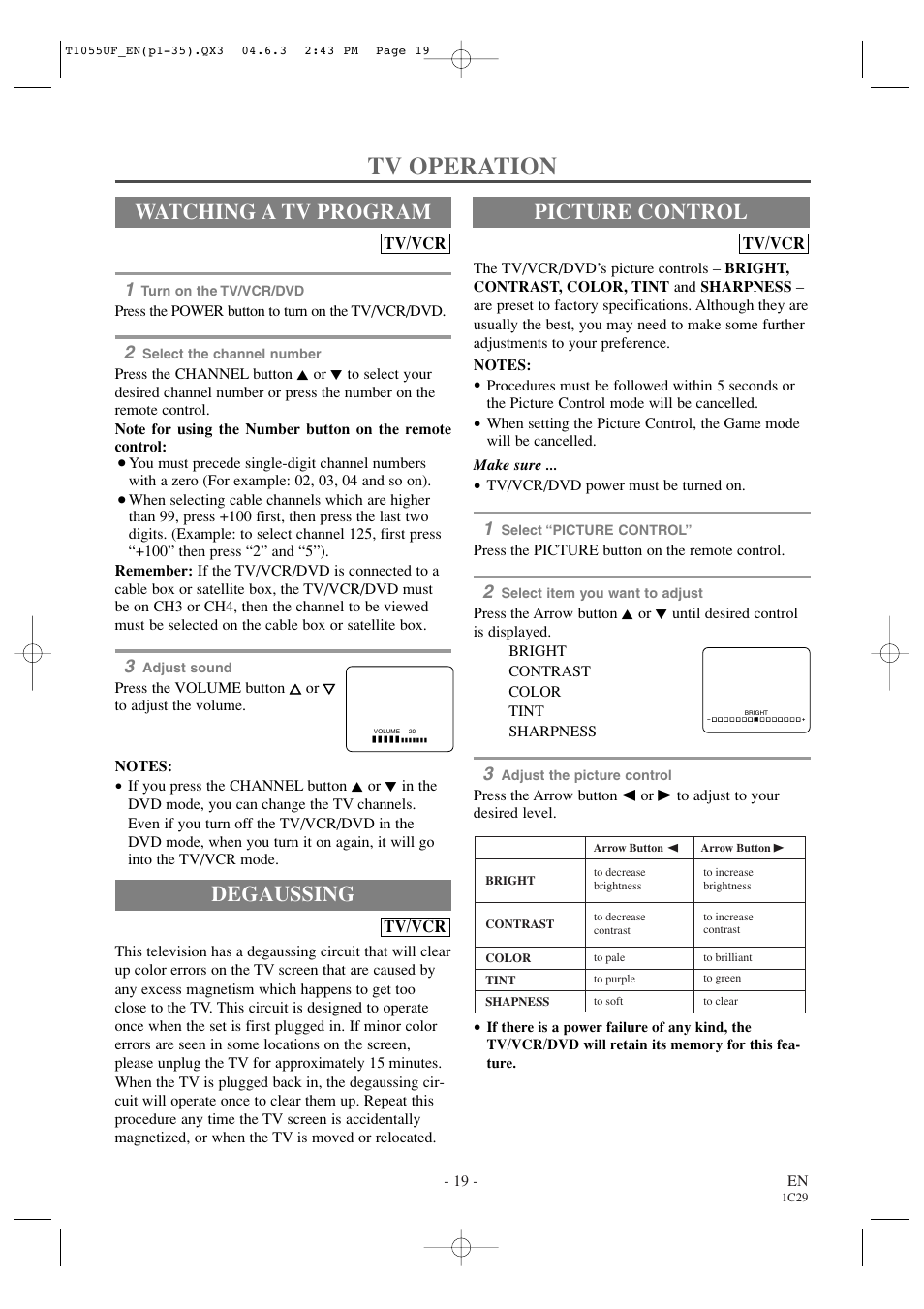 Tv operation, Degaussing, Watching a tv program | Picture control, Tv/vcr | Sylvania SRCD420P User Manual | Page 19 / 56