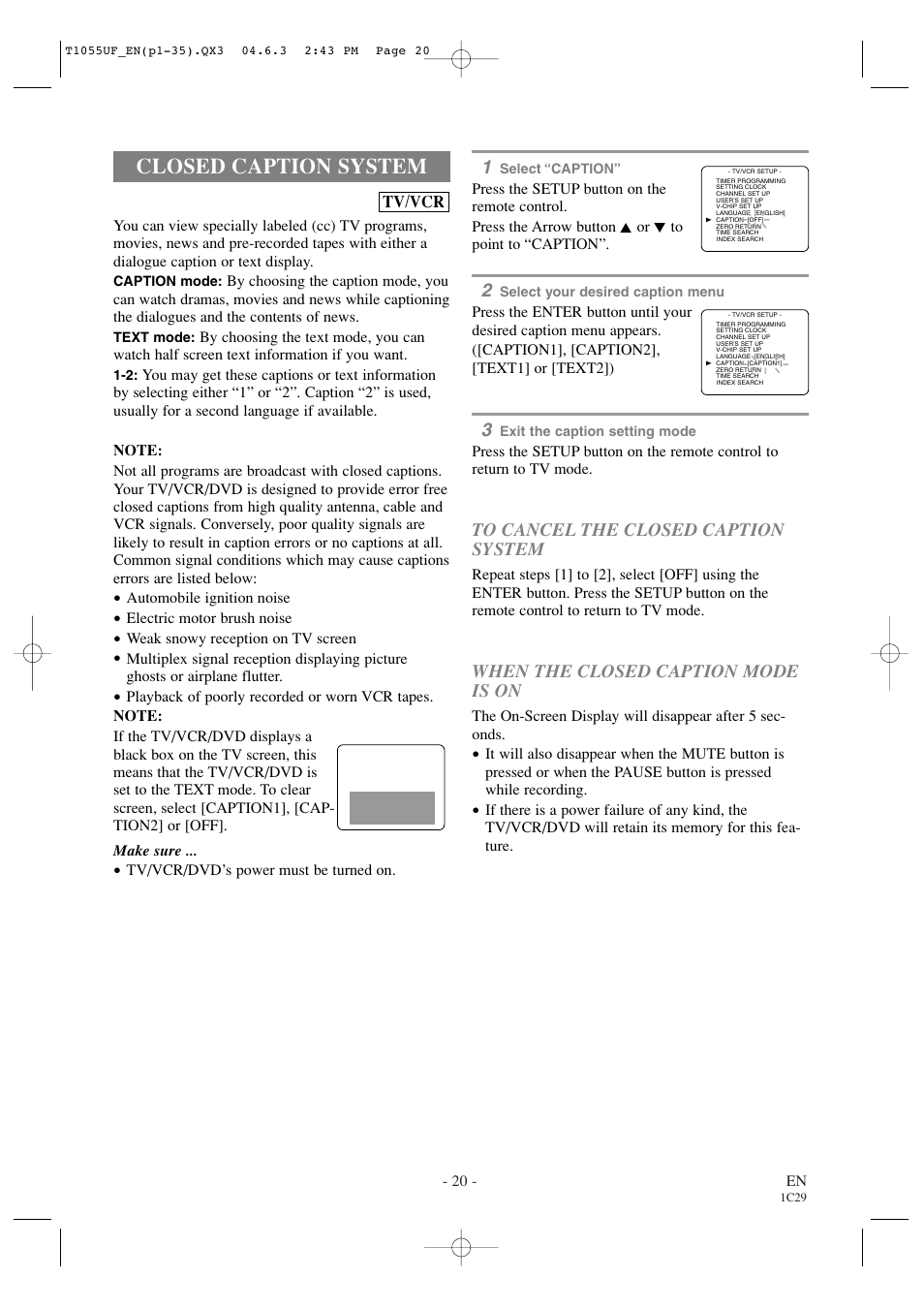Closed caption system, When the closed caption mode is on | Sylvania SRCD420P User Manual | Page 20 / 56