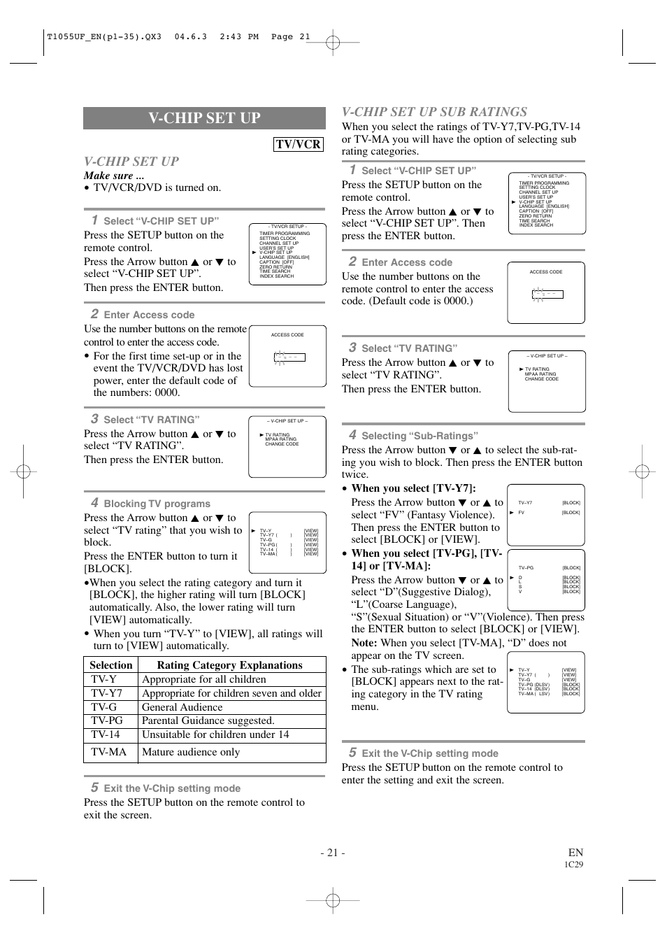 V-chip set up, V-chip set up sub ratings, Tv/vcr | 21 - en, Make sure, Tv/vcr/dvd is turned on | Sylvania SRCD420P User Manual | Page 21 / 56