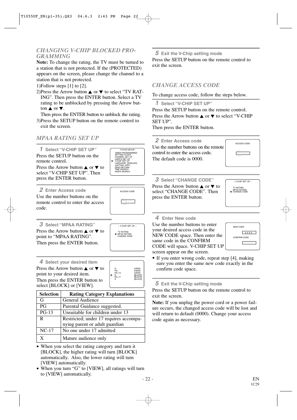 Changing v-chip blocked pro- gramming, Mpaa rating set up 1, Change access code | Sylvania SRCD420P User Manual | Page 22 / 56