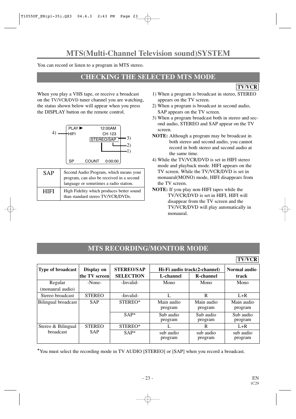 Mts(multi-channel television sound)system, Checking the selected mts mode, Mts recording/monitor mode | Sylvania SRCD420P User Manual | Page 23 / 56
