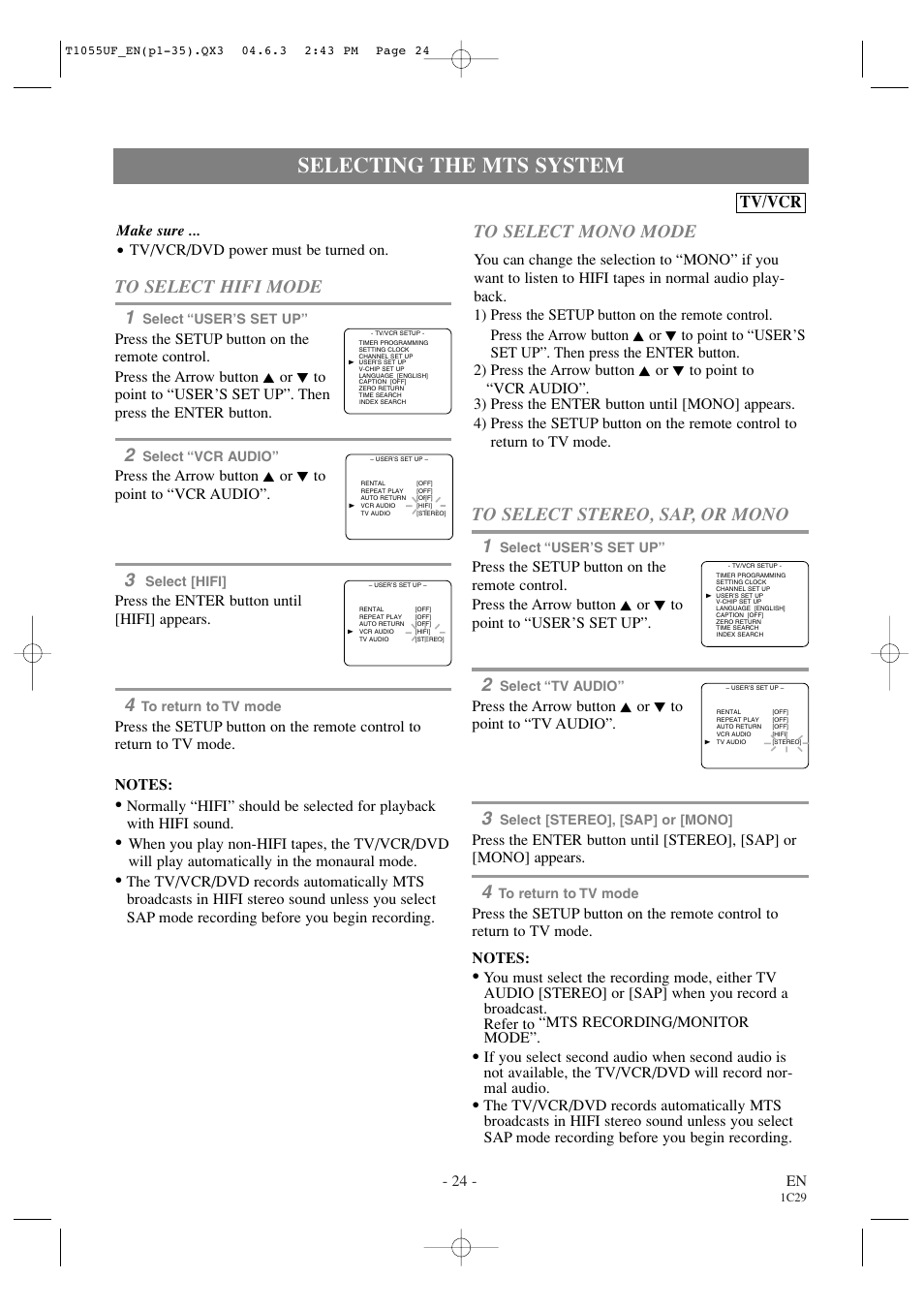 Selecting the mts system, Tv/vcr, 24 - en | Make sure, Tv/vcr/dvd power must be turned on, Press the enter button until [hifi] appears | Sylvania SRCD420P User Manual | Page 24 / 56