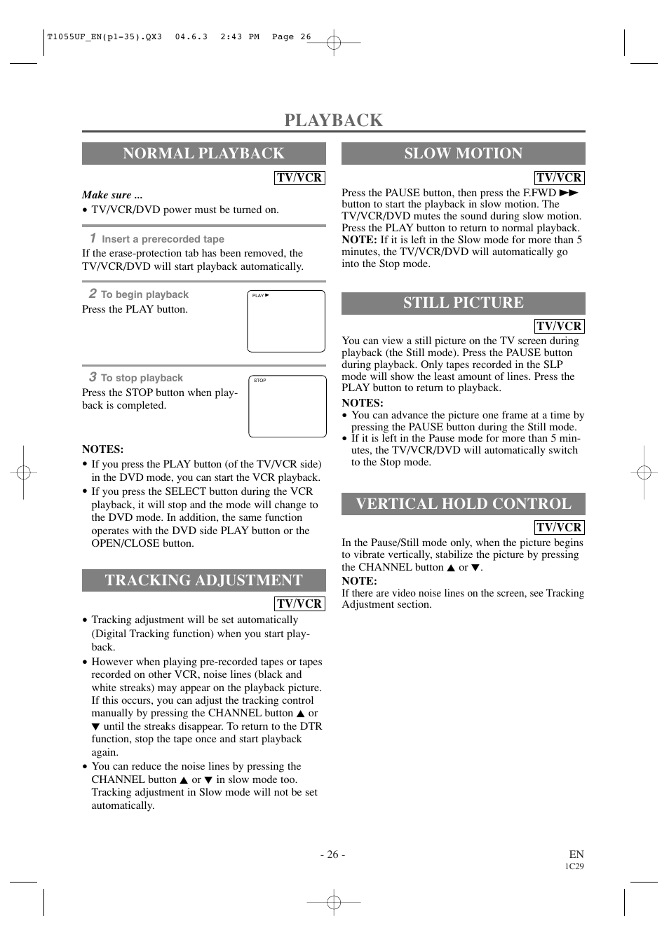 Playback, Normal playback, Tracking adjustment | Still picture, Vertical hold control, Slow motion | Sylvania SRCD420P User Manual | Page 26 / 56