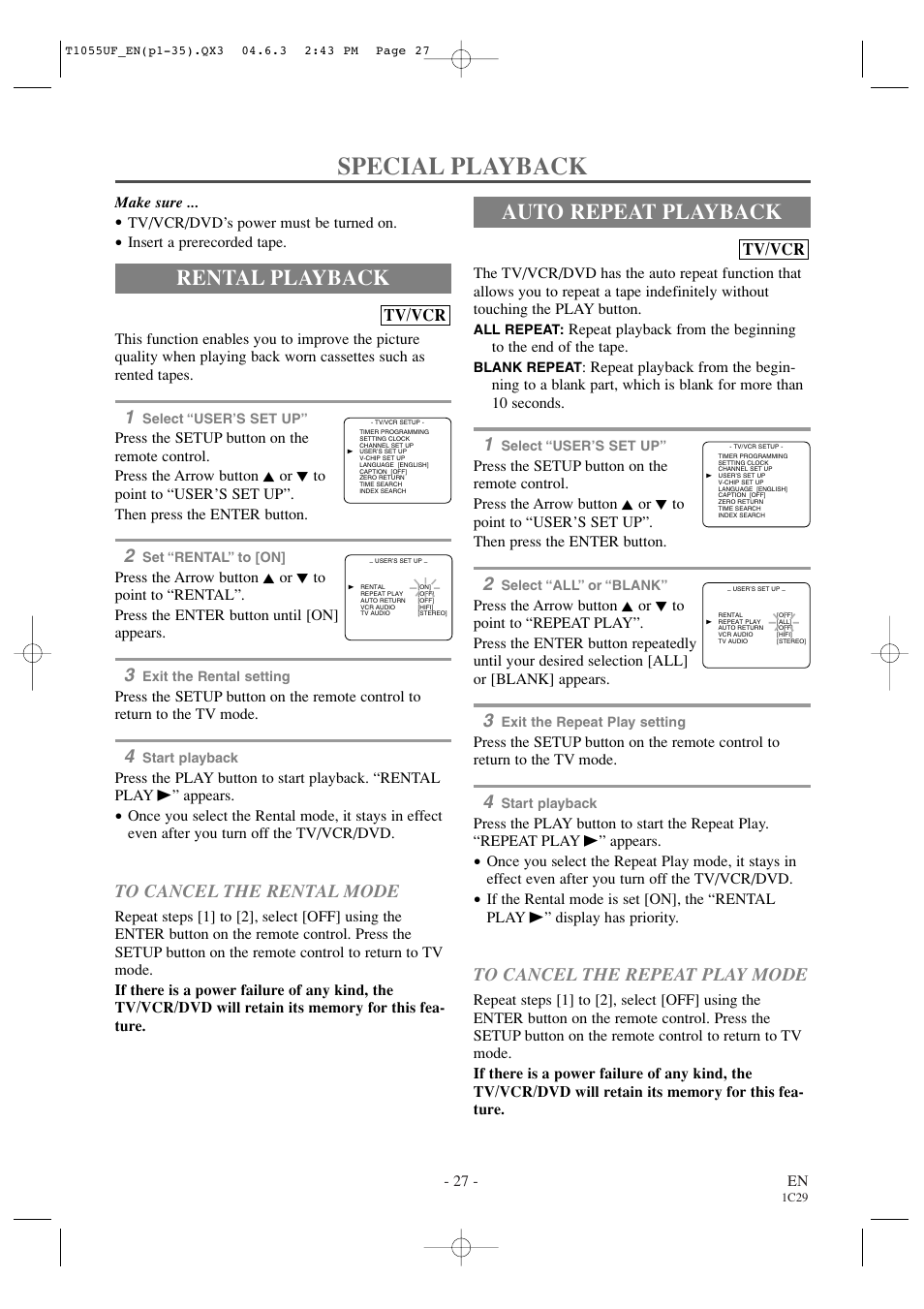 Special playback, Rental playback, Auto repeat playback | Tv/vcr | Sylvania SRCD420P User Manual | Page 27 / 56