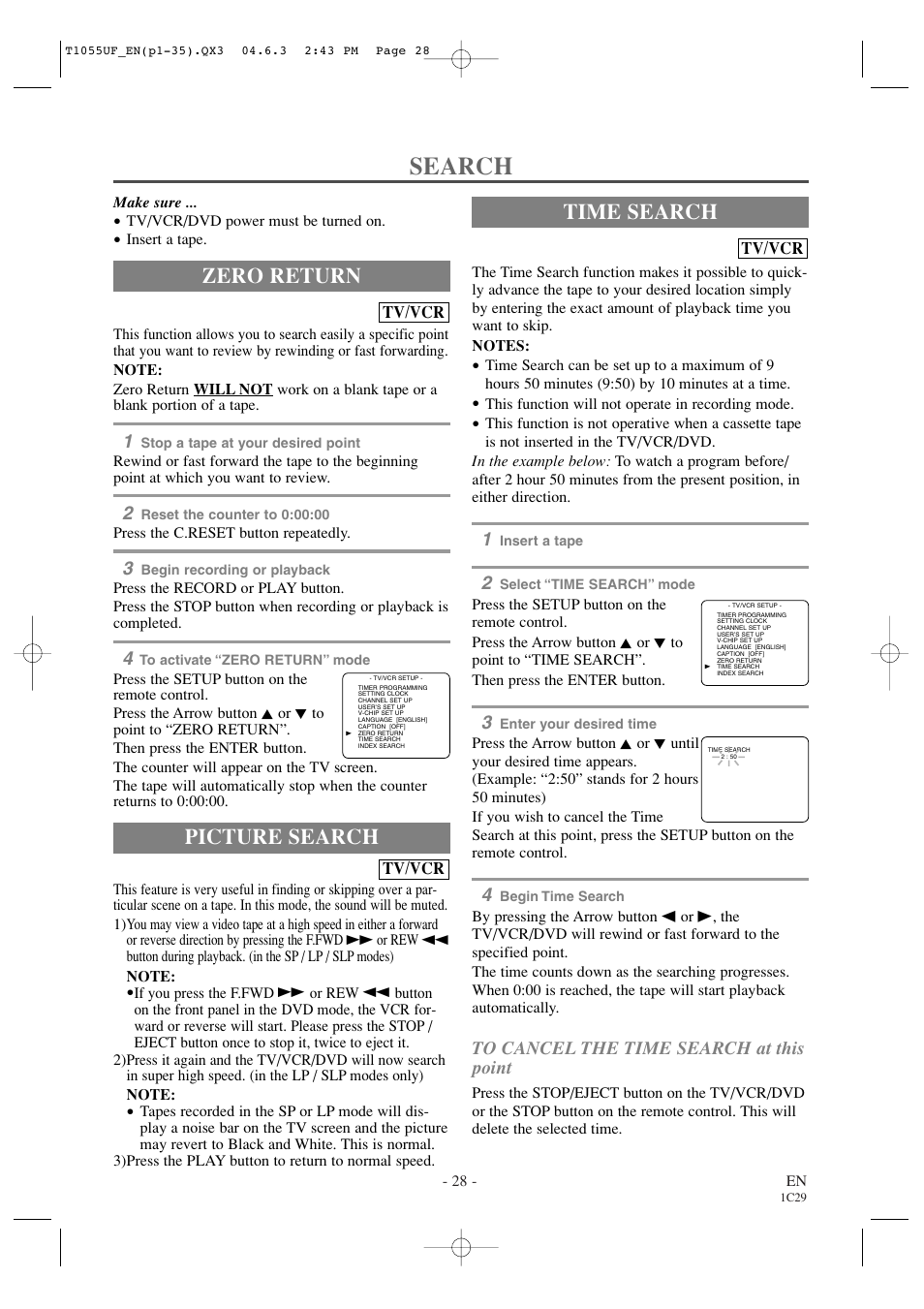 Search, Zero return time search, Picture search | Sylvania SRCD420P User Manual | Page 28 / 56