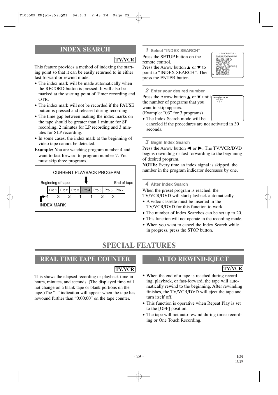 Special features, Index search, Real time tape counter | Auto rewind-eject | Sylvania SRCD420P User Manual | Page 29 / 56