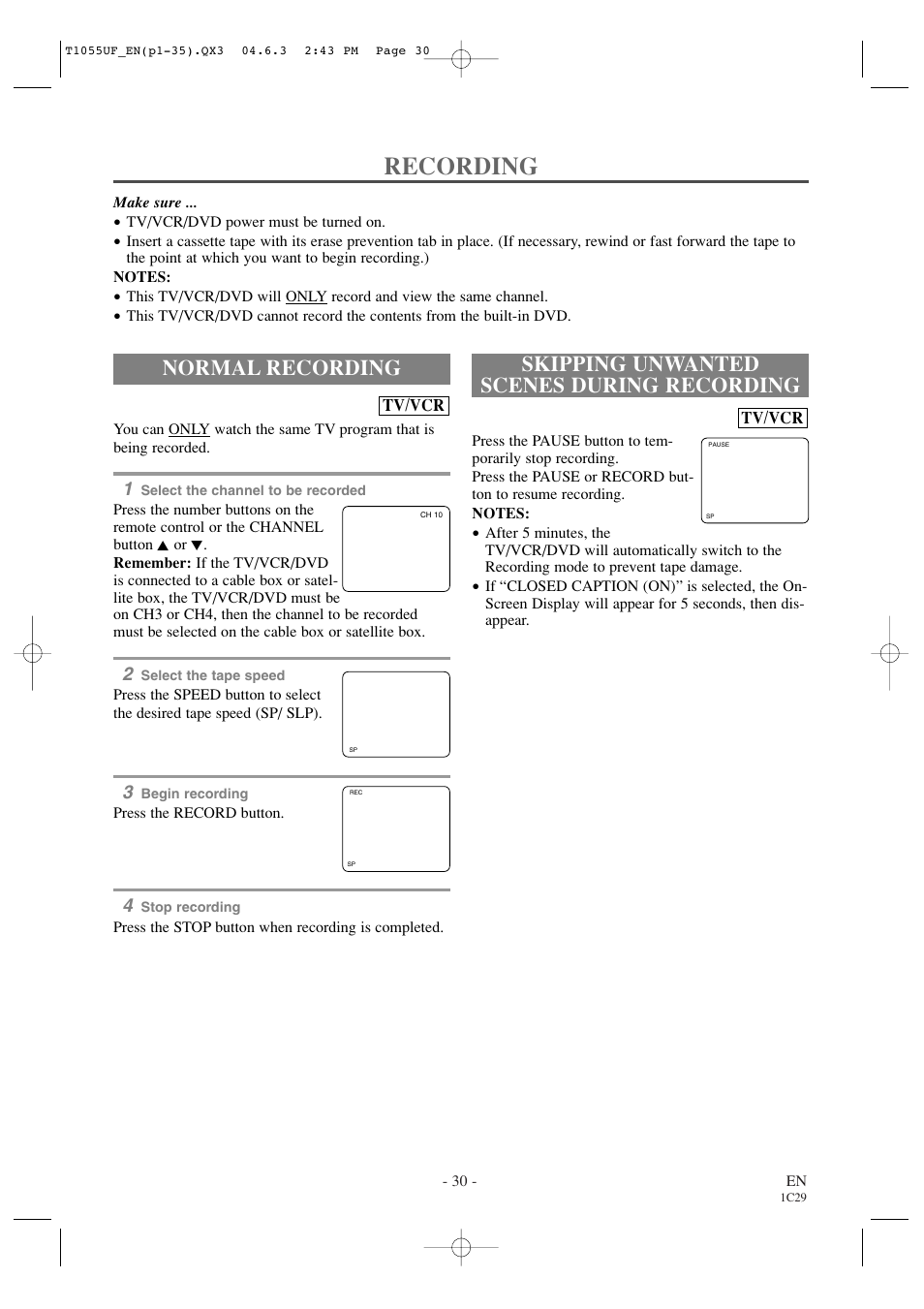 Recording, Normal recording, Skipping unwanted scenes during recording | Sylvania SRCD420P User Manual | Page 30 / 56