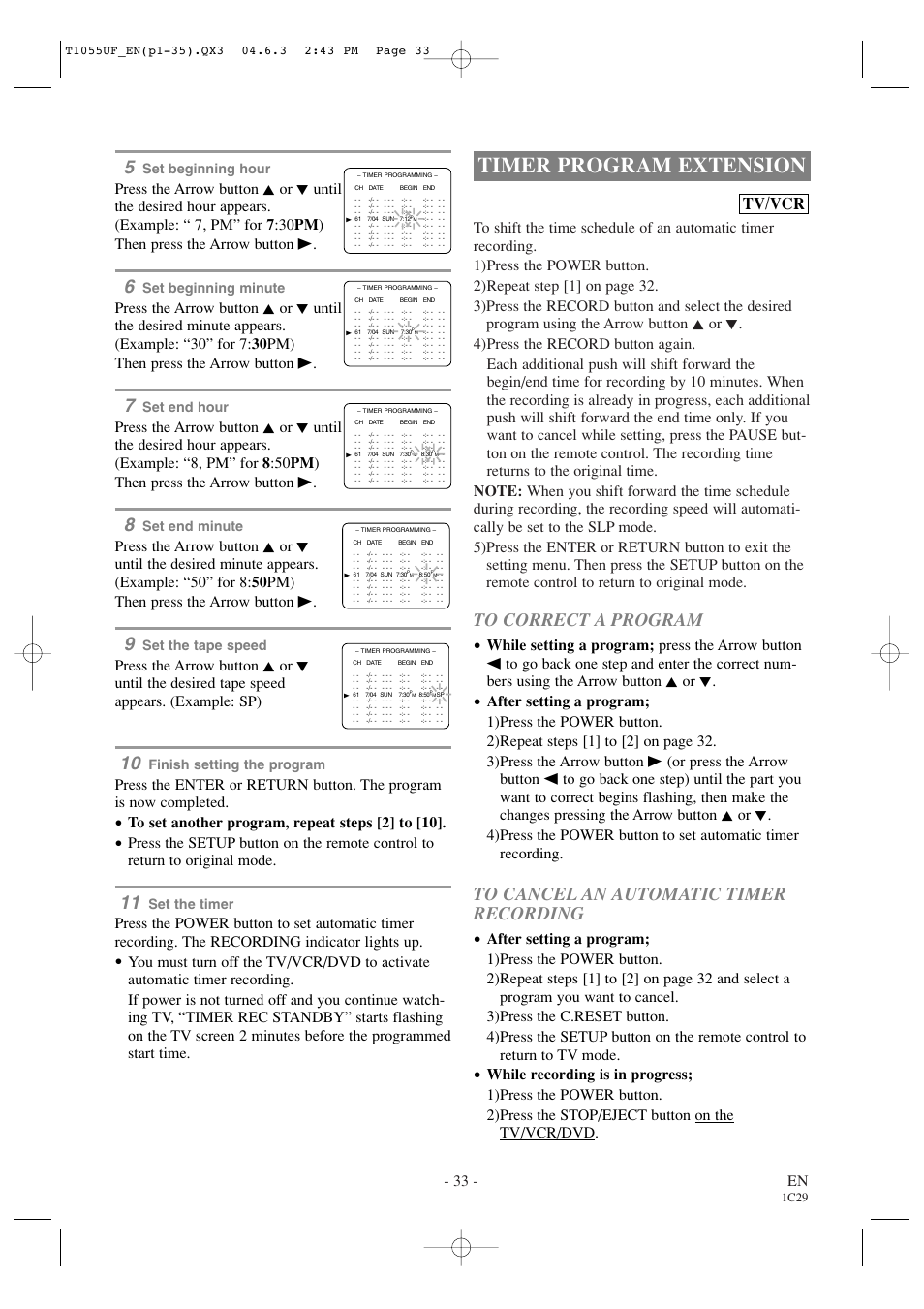 Timer program extension, Tv/vcr, 33 - en | Set beginning hour, Set beginning minute, Set end hour, Set end minute, Set the tape speed, Finish setting the program, Set the timer | Sylvania SRCD420P User Manual | Page 33 / 56