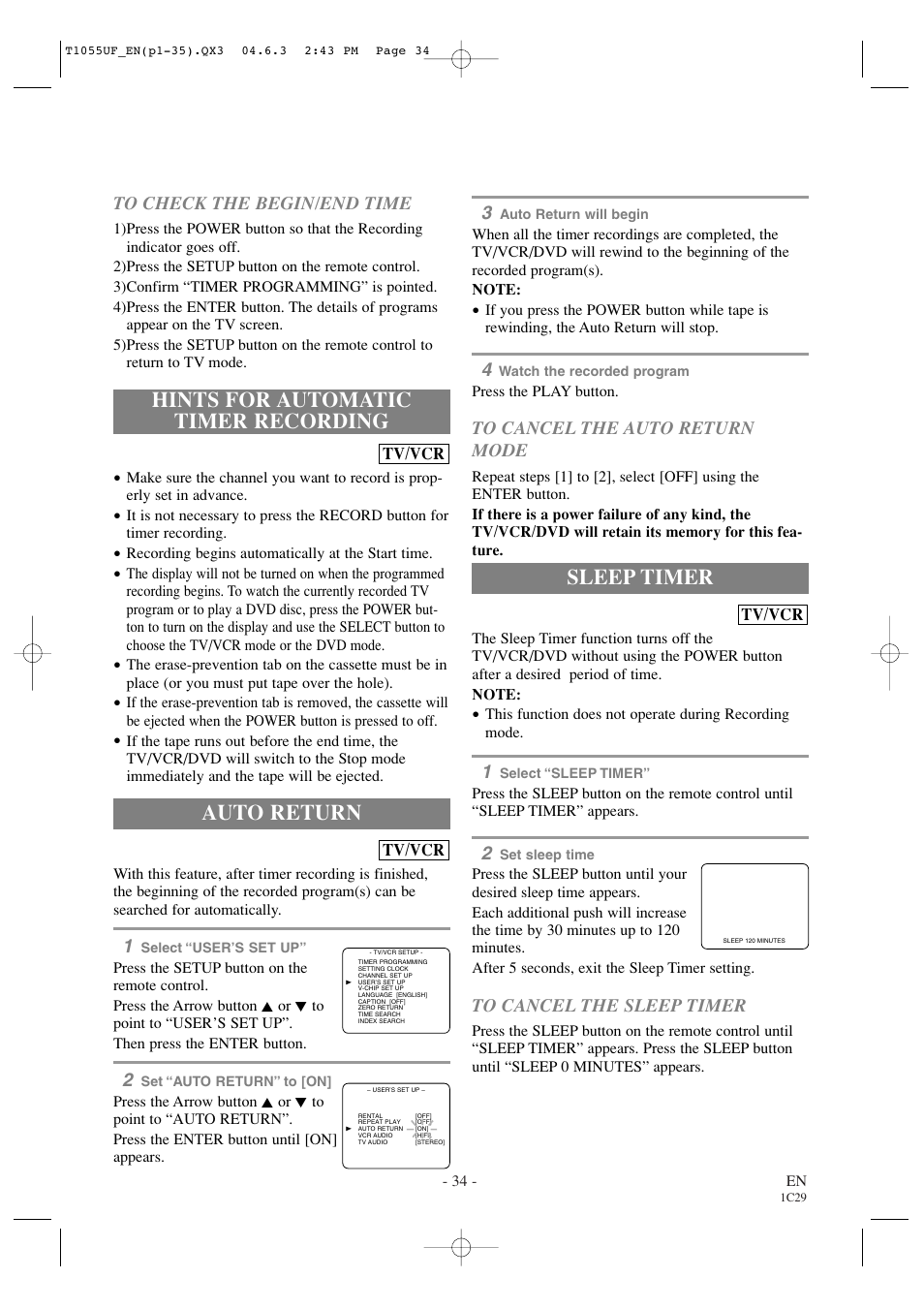 Hints for automatic timer recording, Auto return, Sleep timer | Sylvania SRCD420P User Manual | Page 34 / 56
