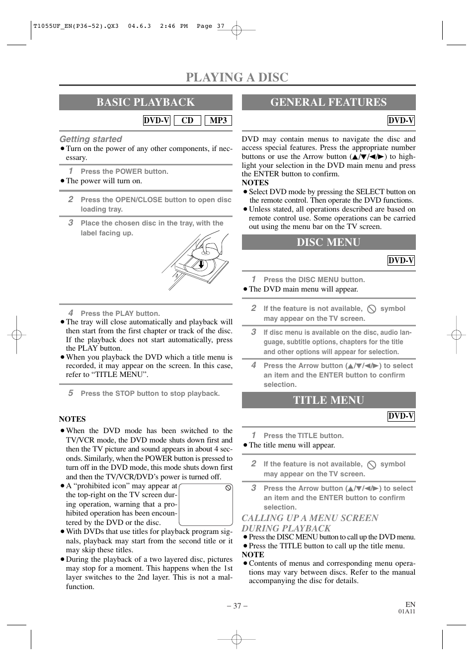 Playing a disc, Basic playback, General features | Title menu, Disc menu, Calling up a menu screen during playback | Sylvania SRCD420P User Manual | Page 37 / 56