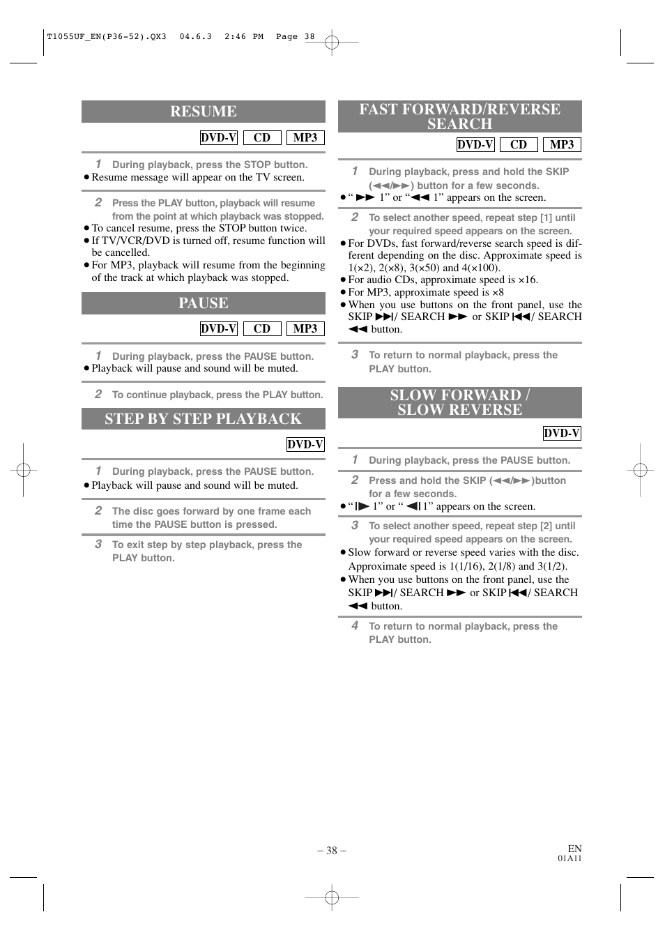 Step by step playback, Resume, Fast forward/reverse search pause | Slow forward / slow reverse | Sylvania SRCD420P User Manual | Page 38 / 56