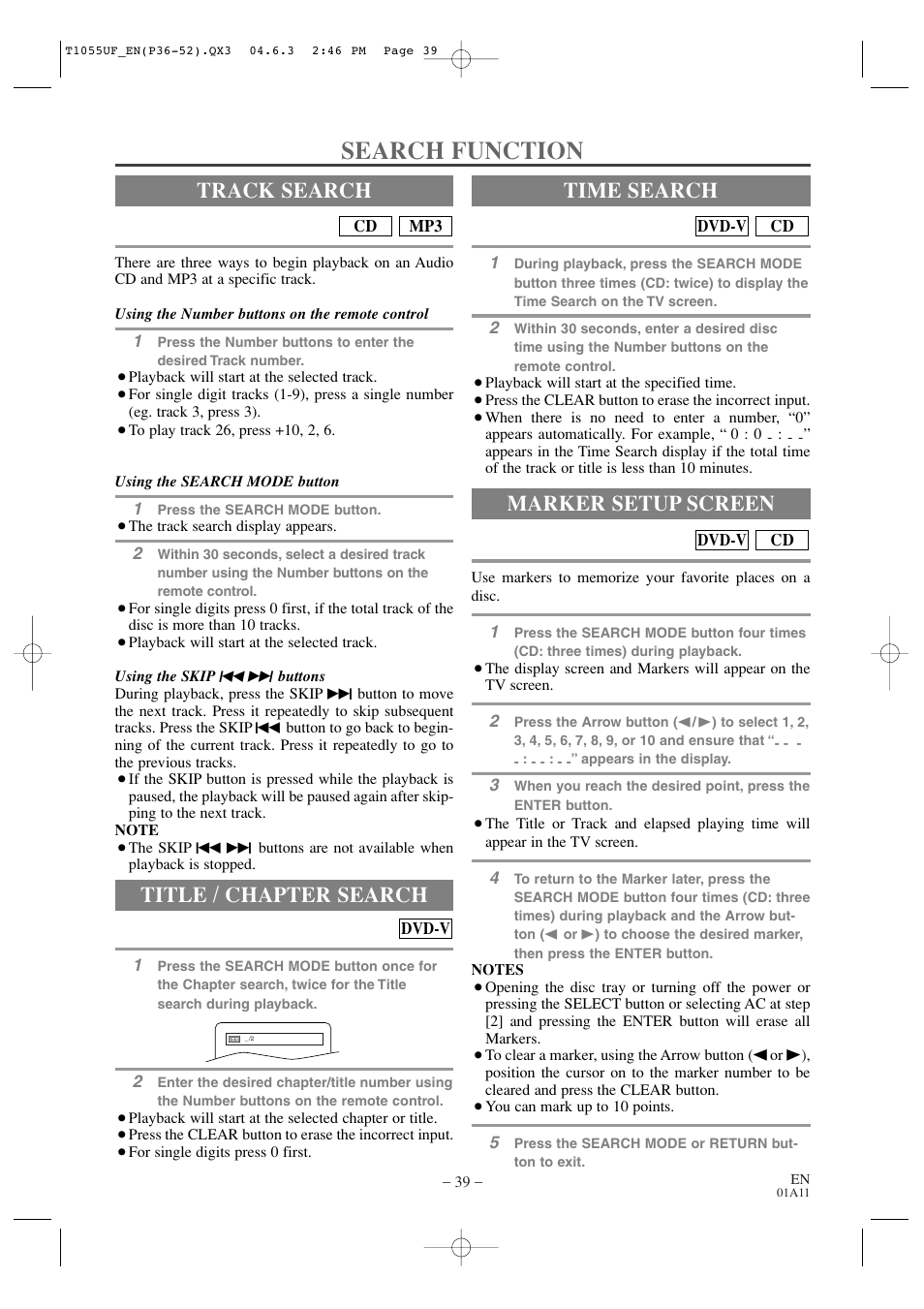 Search function, Track search, Title / chapter search | Time search, Marker setup screen | Sylvania SRCD420P User Manual | Page 39 / 56