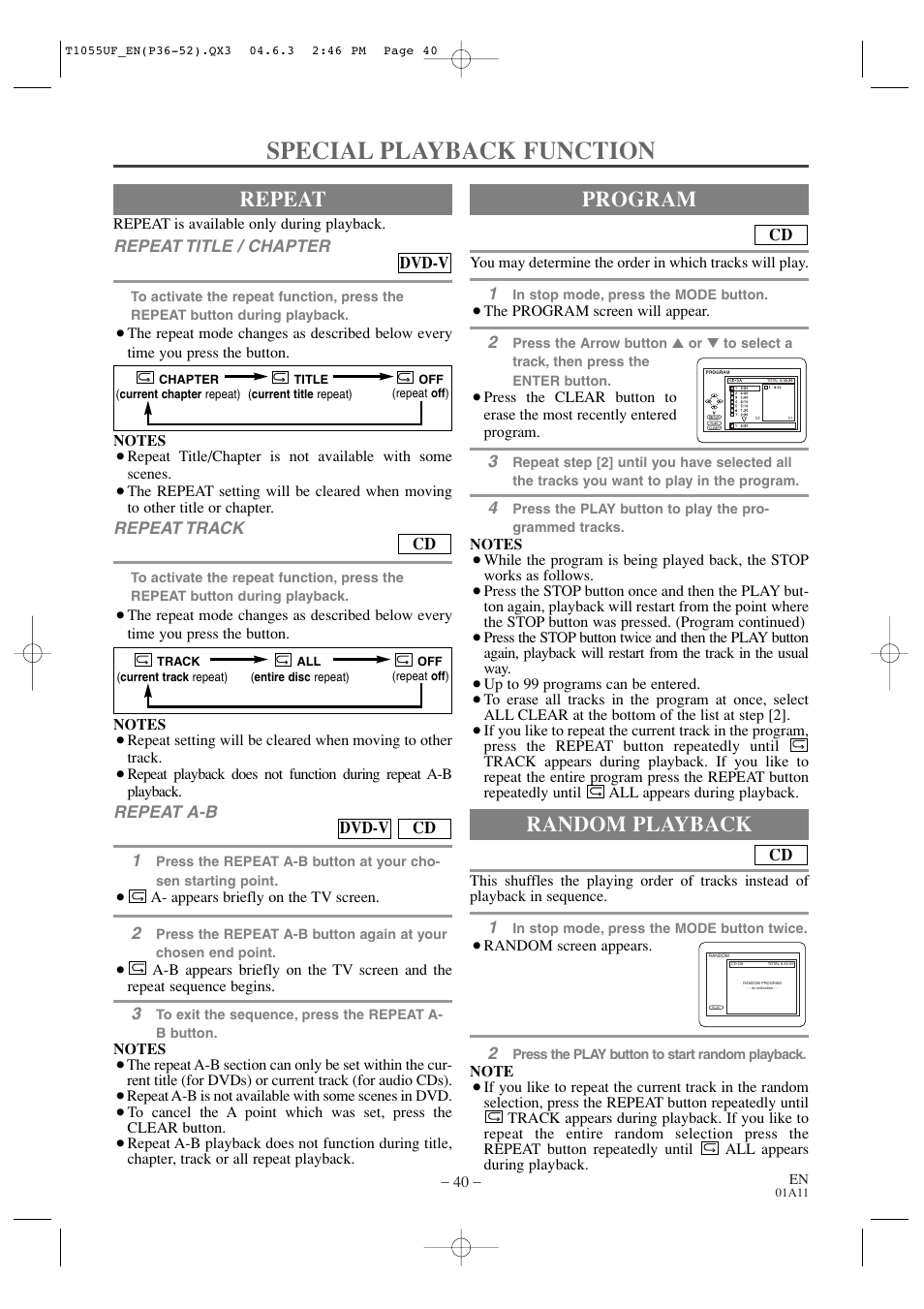 Special playback function, Repeat, Program | Random playback | Sylvania SRCD420P User Manual | Page 40 / 56