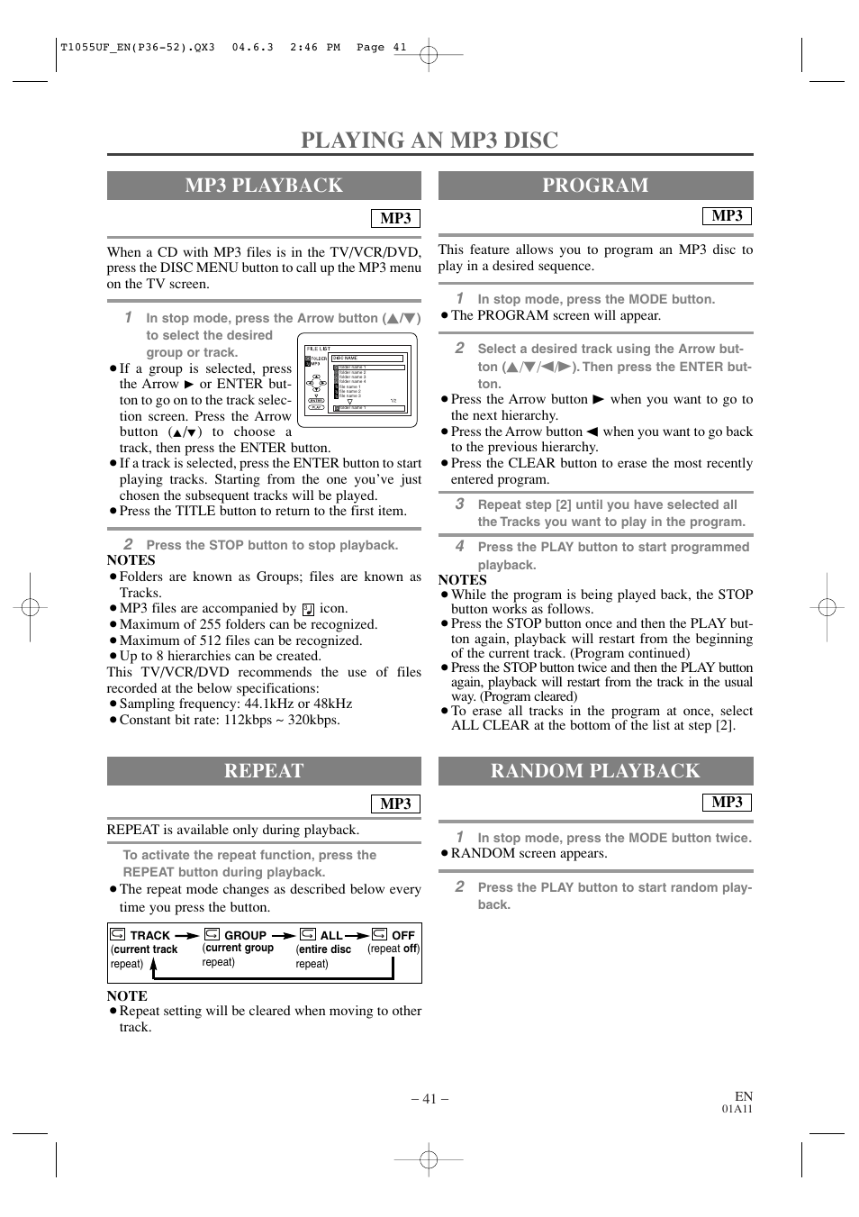 Playing an mp3 disc, Mp3 playback, Random playback | Program repeat | Sylvania SRCD420P User Manual | Page 41 / 56