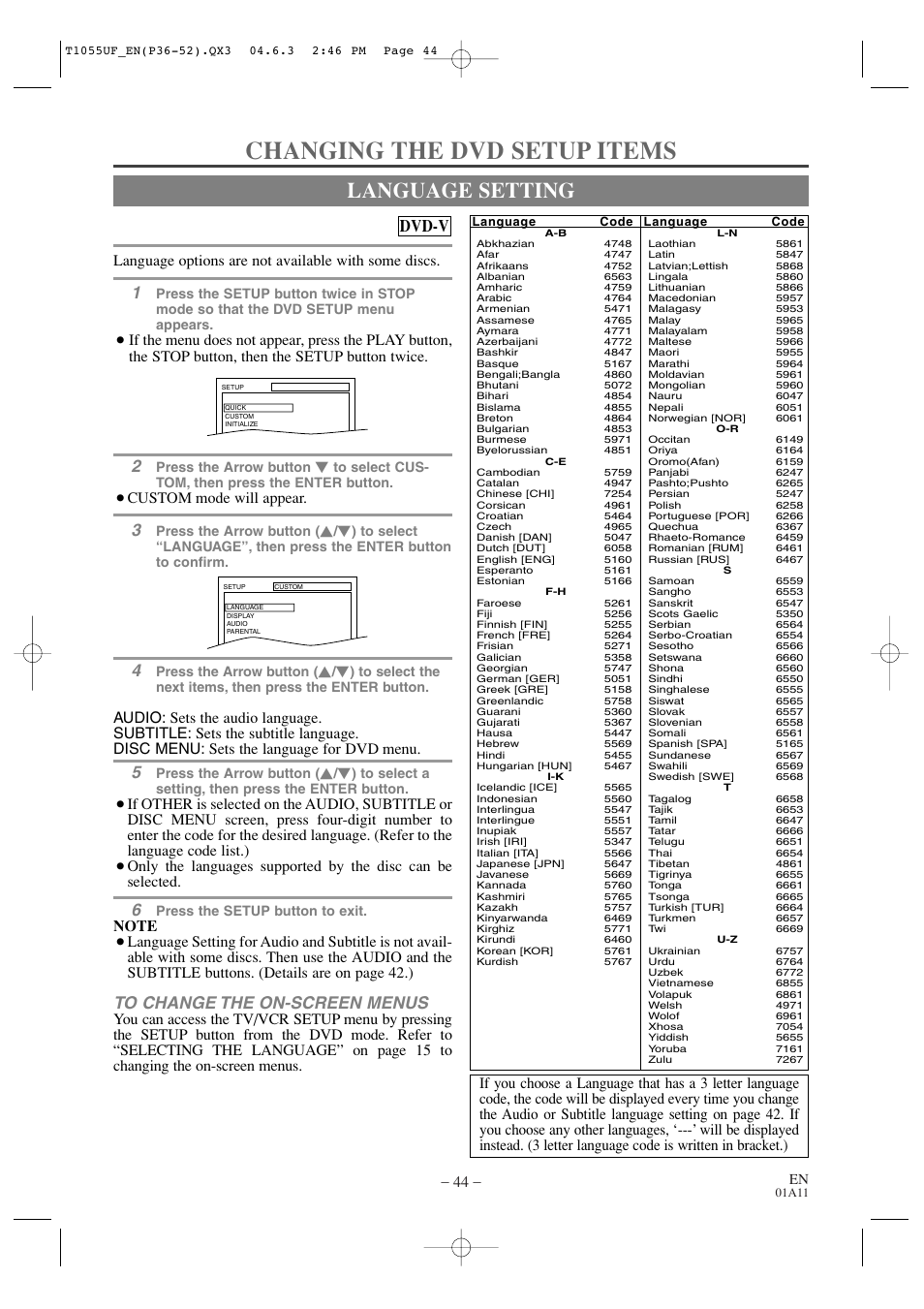 Changing the dvd setup items, Language setting, Dvd-v | Language options are not available with some discs, Custom mode will appear | Sylvania SRCD420P User Manual | Page 44 / 56