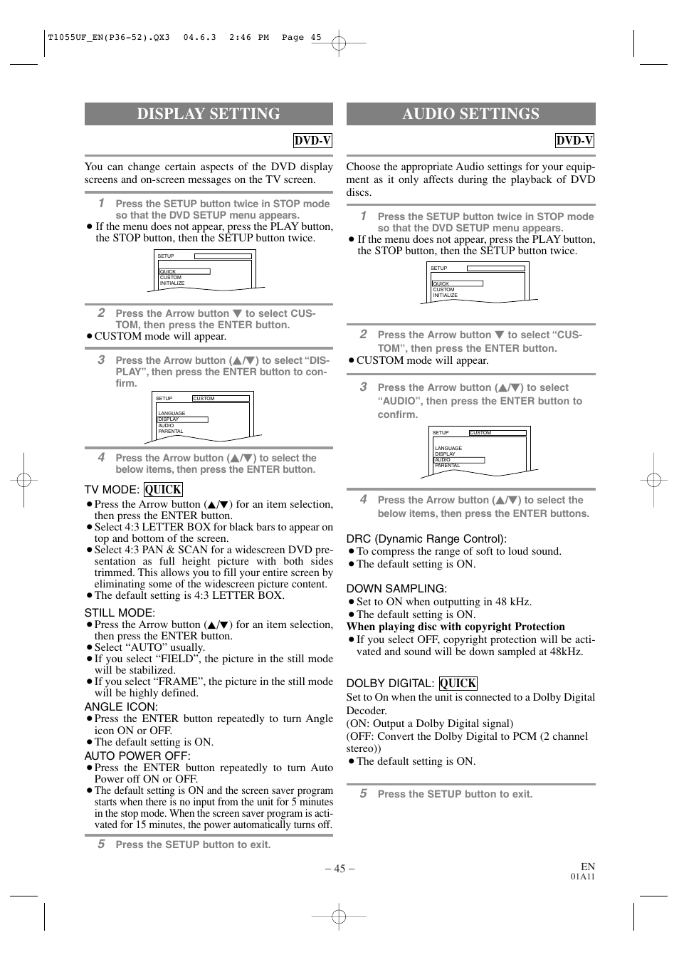 Audio settings, Display setting | Sylvania SRCD420P User Manual | Page 45 / 56