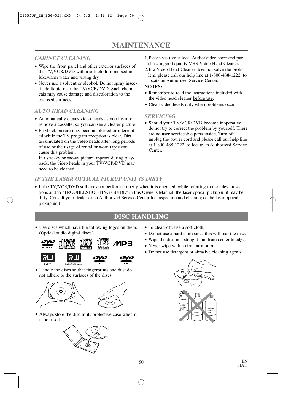 Maintenance, Disc handling | Sylvania SRCD420P User Manual | Page 50 / 56
