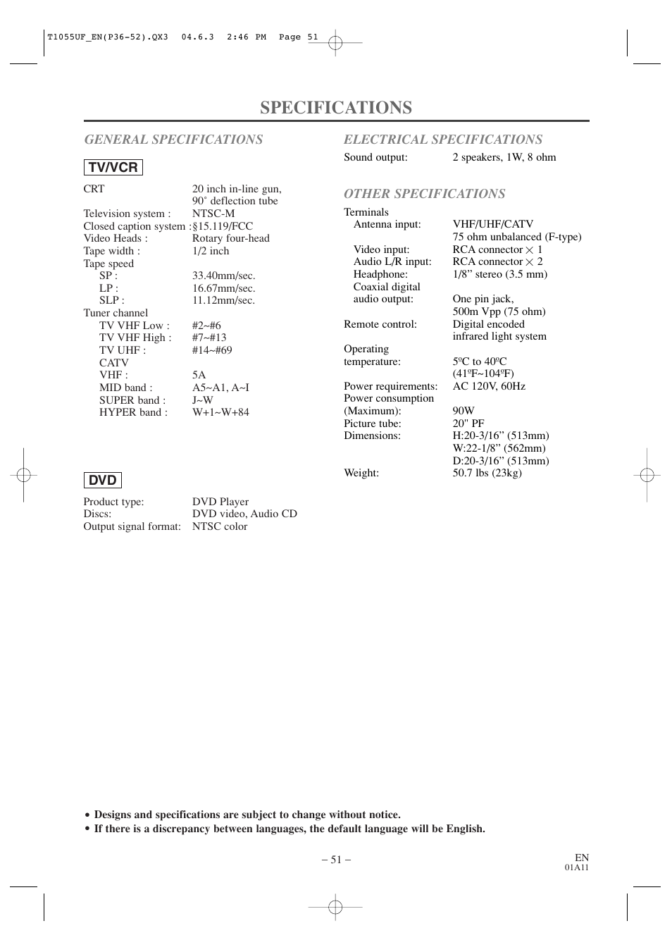 Specifications | Sylvania SRCD420P User Manual | Page 51 / 56