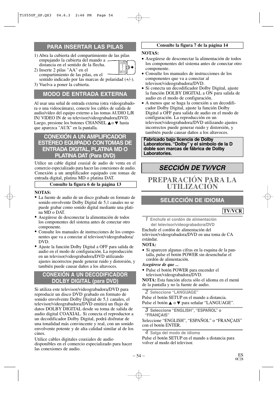 Preparación para la utilización, Sección de tv/vcr | Sylvania SRCD420P User Manual | Page 54 / 56