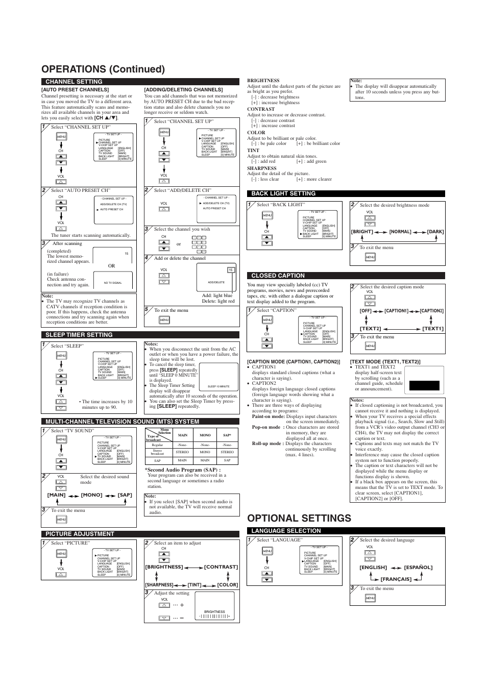 Operations (continued) optional settings, Picture adjustment, Channel setting | Language selection, Multi-channel television sound (mts) system, Sleep timer setting, Closed caption back light setting | Sylvania 6620LCT User Manual | Page 3 / 8