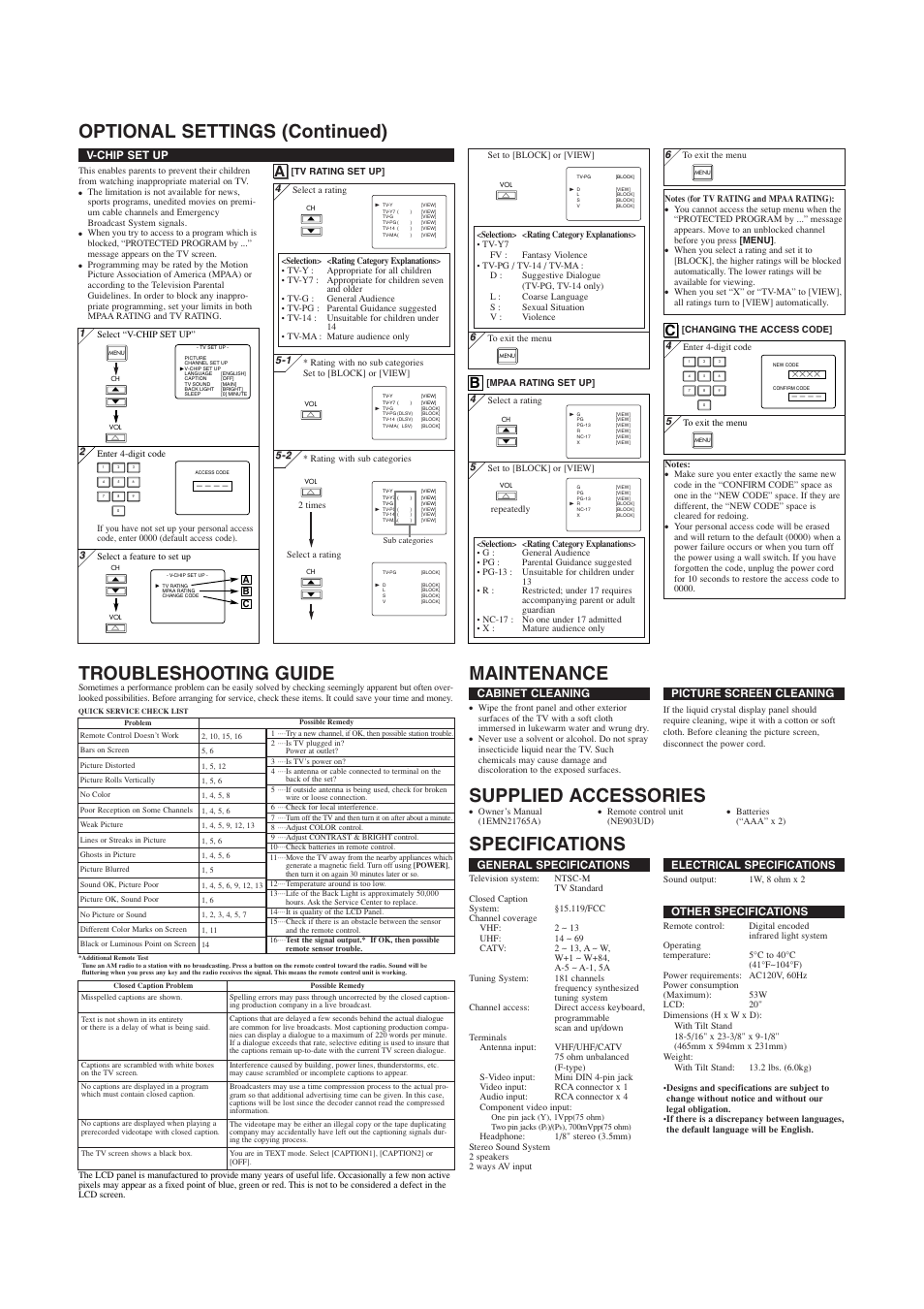 Supplied accessories, General specifications, Electrical specifications | Other specifications, Cabinet cleaning, Picture screen cleaning, V-chip set up | Sylvania 6620LCT User Manual | Page 4 / 8