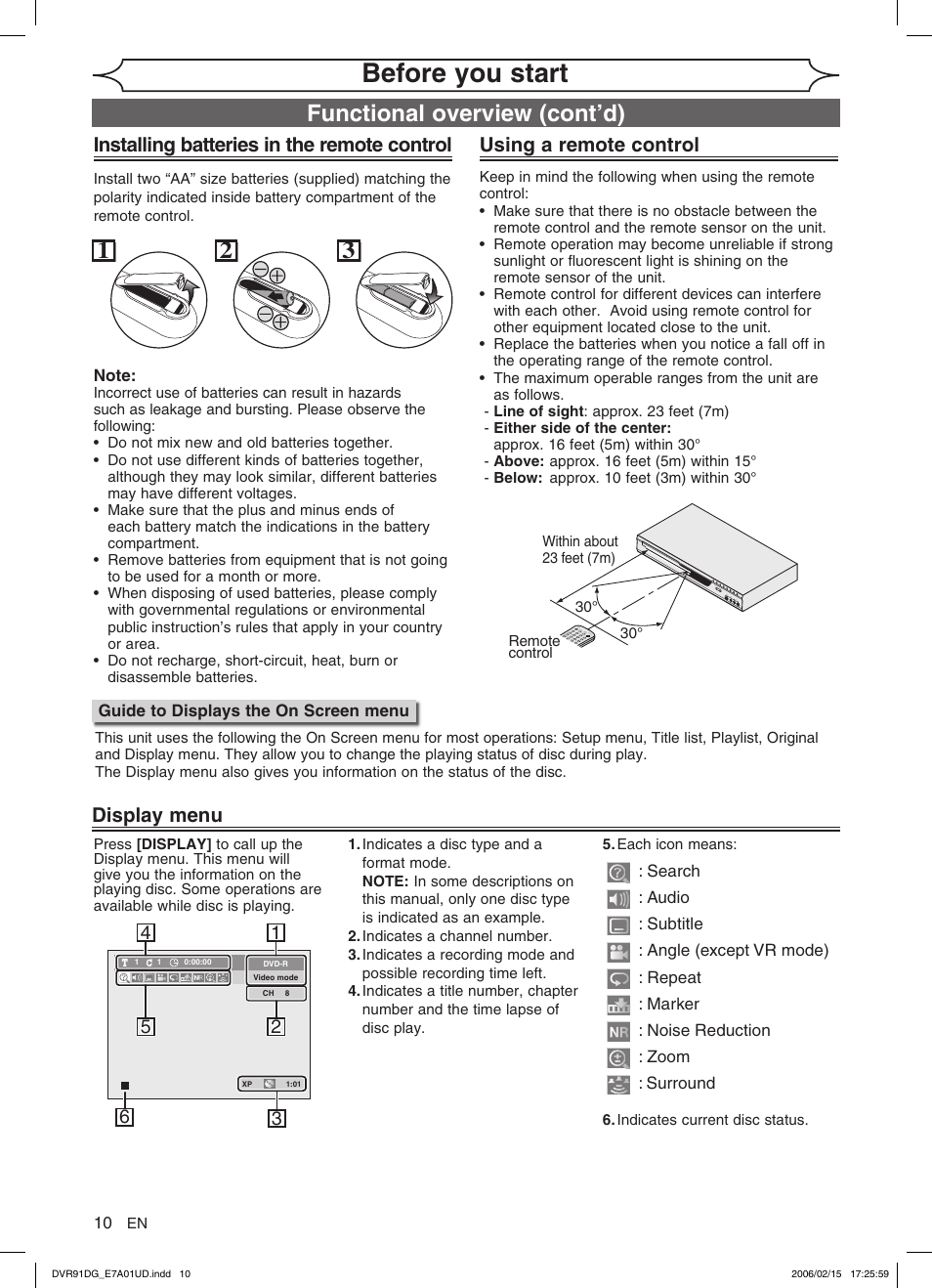 Before you start, Functional overview (cont’d), Using a remote control | Installing batteries in the remote control, Display menu | Sylvania DVR91DG User Manual | Page 10 / 82