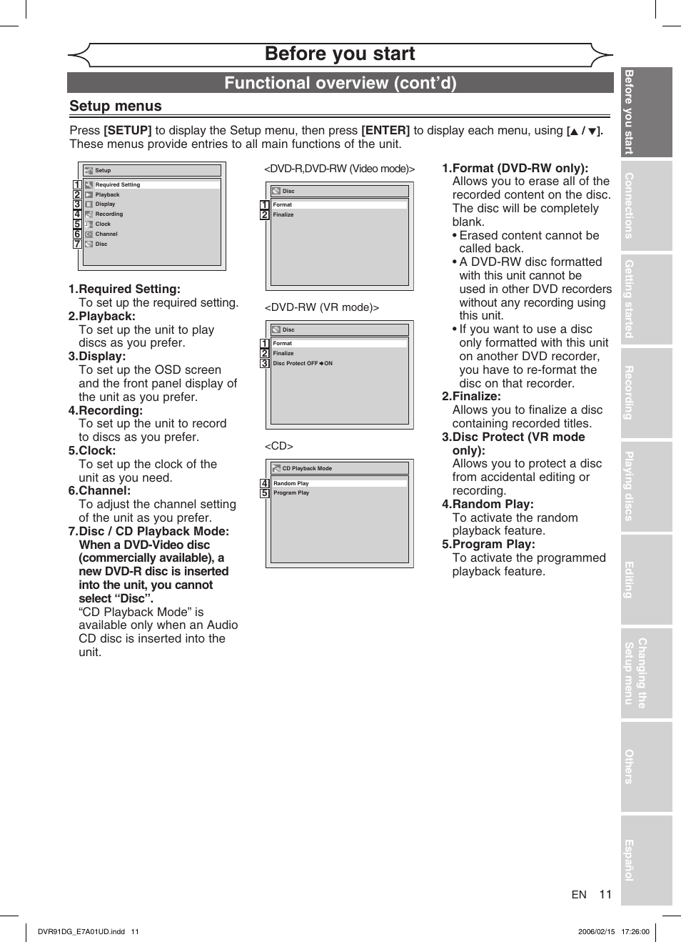 Before you start, Functional overview (cont’d), Setup menus | Sylvania DVR91DG User Manual | Page 11 / 82
