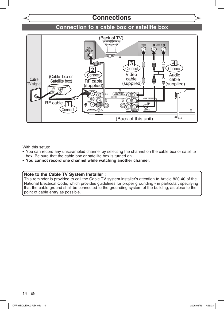 Connections, Connection to a cable box or satellite box, Cable box or satellite box) rf cable | Sylvania DVR91DG User Manual | Page 14 / 82