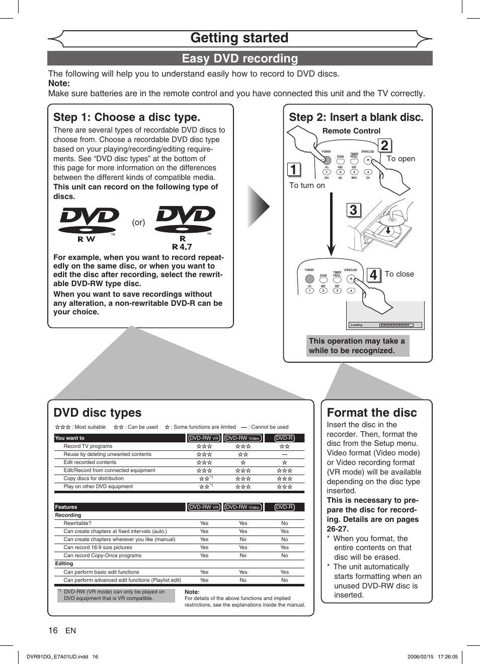 Getting started, Easy dvd recording, Format the disc | Dvd disc types, Step 1: choose a disc type, Step 2: insert a blank disc, Remote control to open to close, This operation may take a while to be recognized | Sylvania DVR91DG User Manual | Page 16 / 82