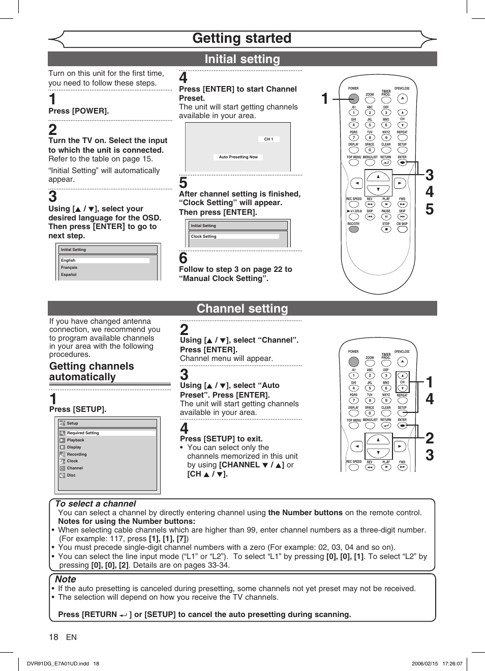 Getting started, Initial setting, Channel setting | Getting channels automatically | Sylvania DVR91DG User Manual | Page 18 / 82