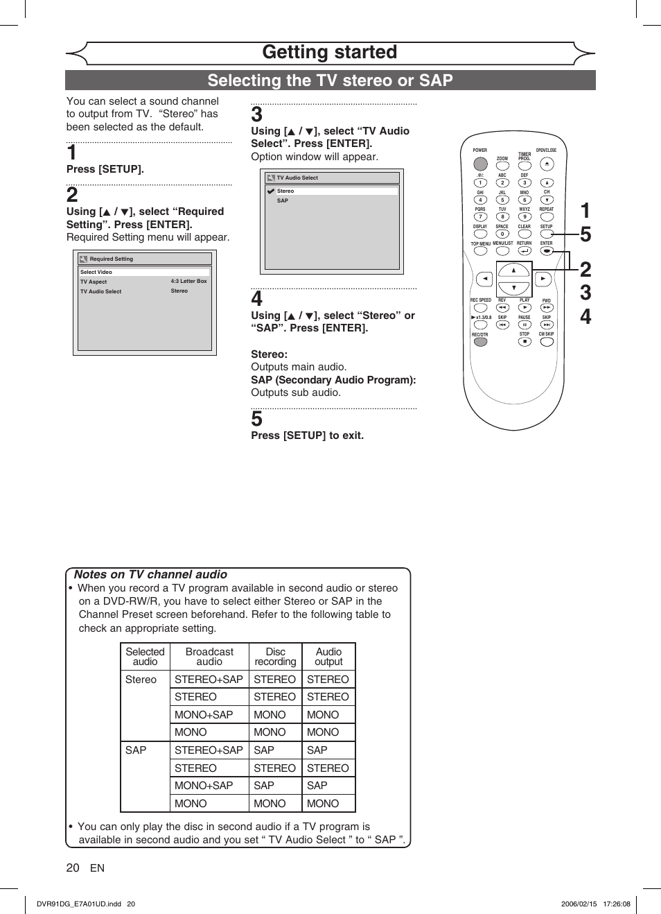 Getting started, Selecting the tv stereo or sap | Sylvania DVR91DG User Manual | Page 20 / 82