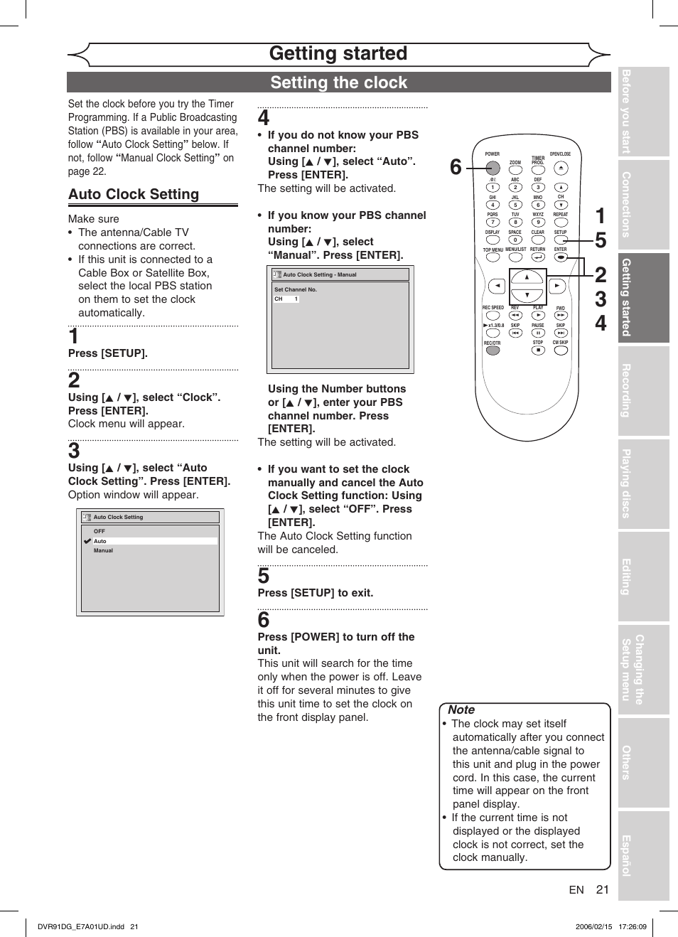 Getting started, Setting the clock, Auto clock setting | Sylvania DVR91DG User Manual | Page 21 / 82