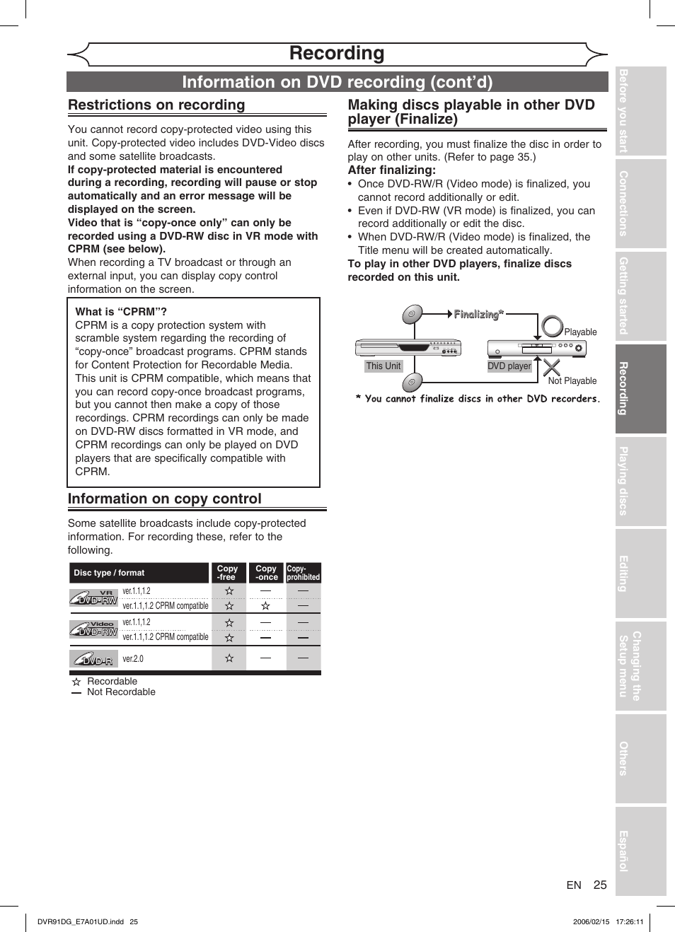 Recording, Information on dvd recording (cont’d), Restrictions on recording | Information on copy control | Sylvania DVR91DG User Manual | Page 25 / 82
